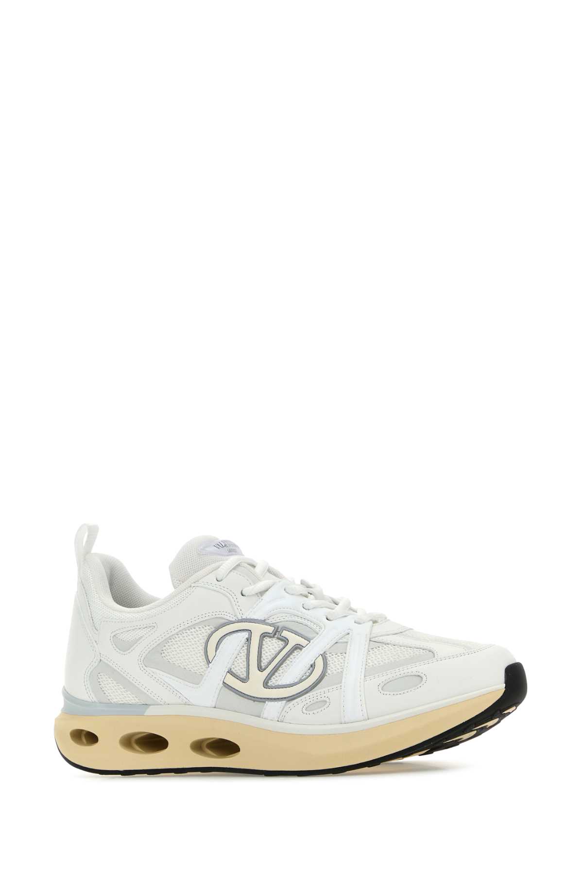 Shop Valentino White Leather And Fabric Vlogo Easyjog Sneakers In Biancobianivorypgreyivbialgrne