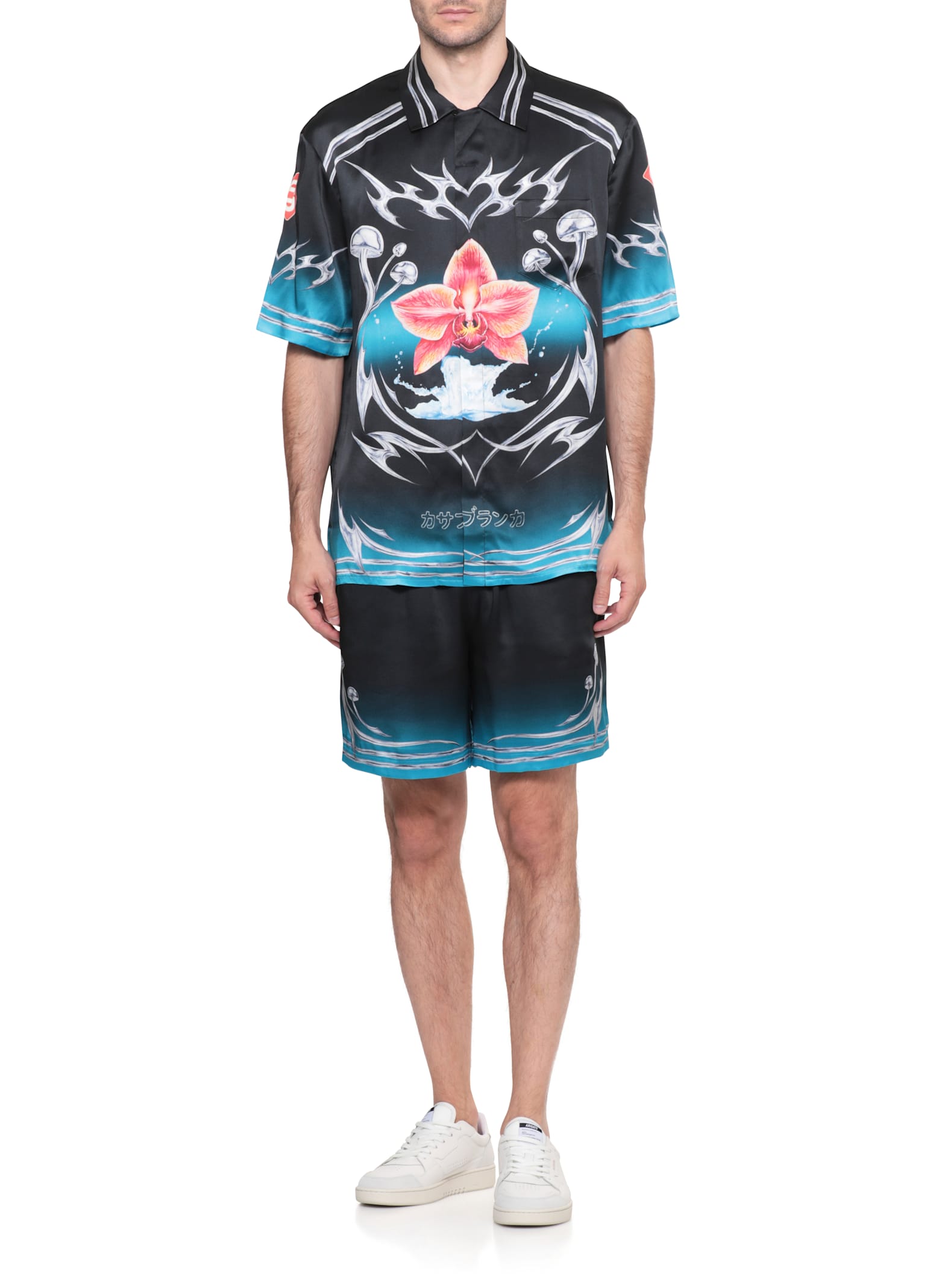 Casablanca Floral Graphic Short Sleeve Satin Top In Black