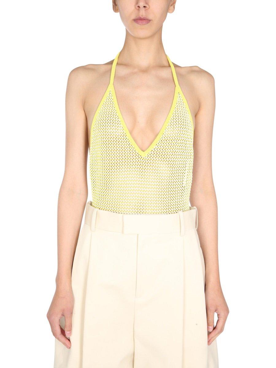 Shop Bottega Veneta Halterneck Mesh Bodysuit In Yellow