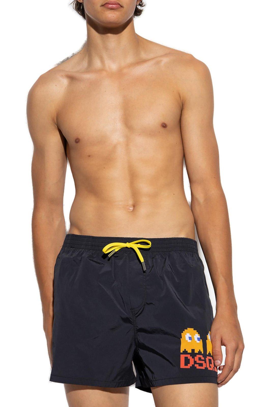 Shop Dsquared2 X Pac-man Drawstring Swim Shorts In Black