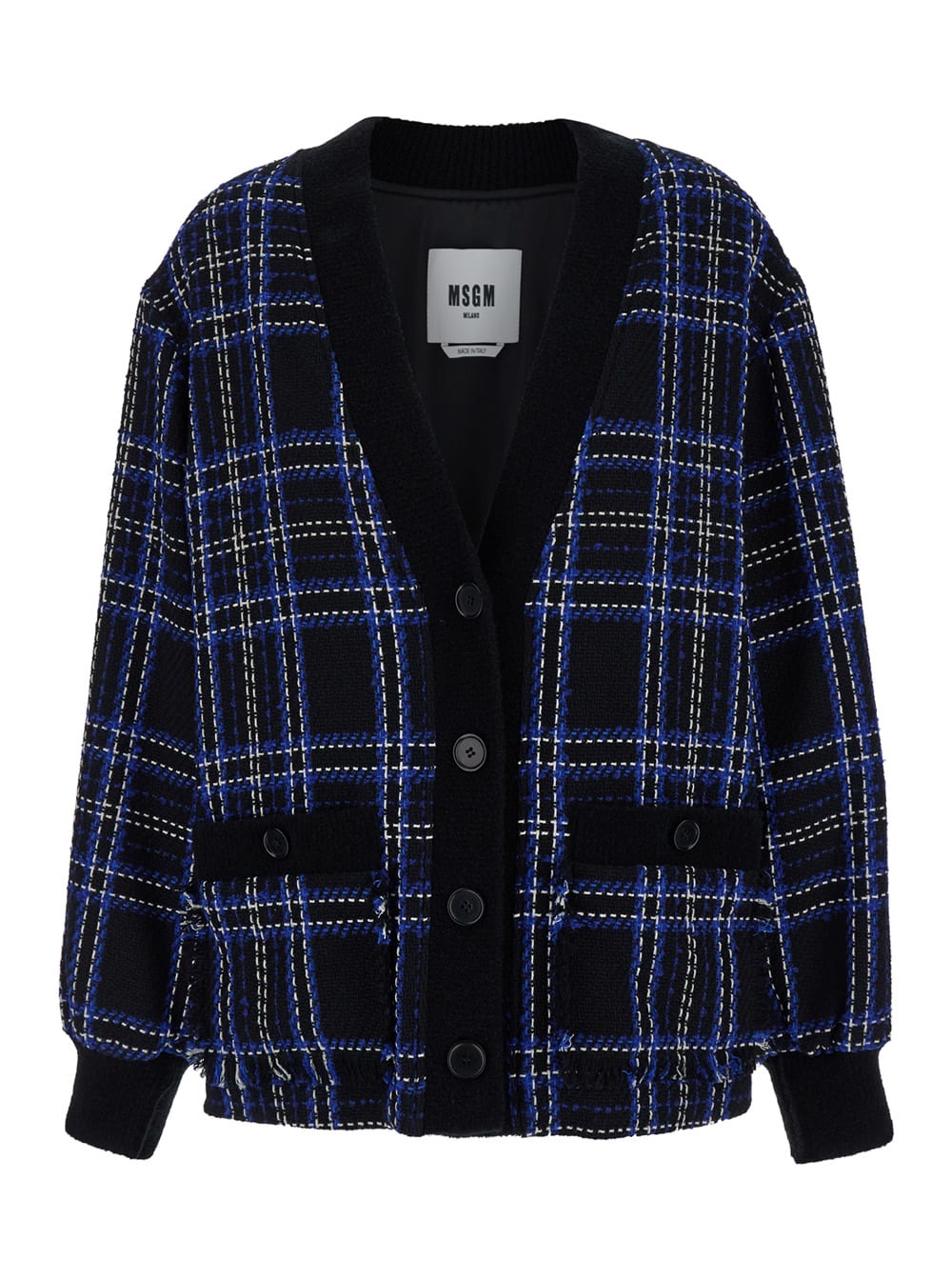 Shop Msgm Oversized Blue And Black Jacket With Check Motif In Heavy Fabric Woman