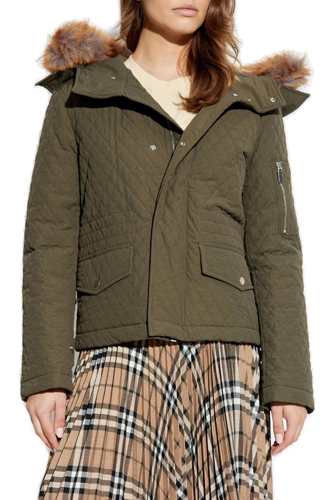 Shop Burberry Bomber Long Sleeved Quilted Hooded Jacket In Green