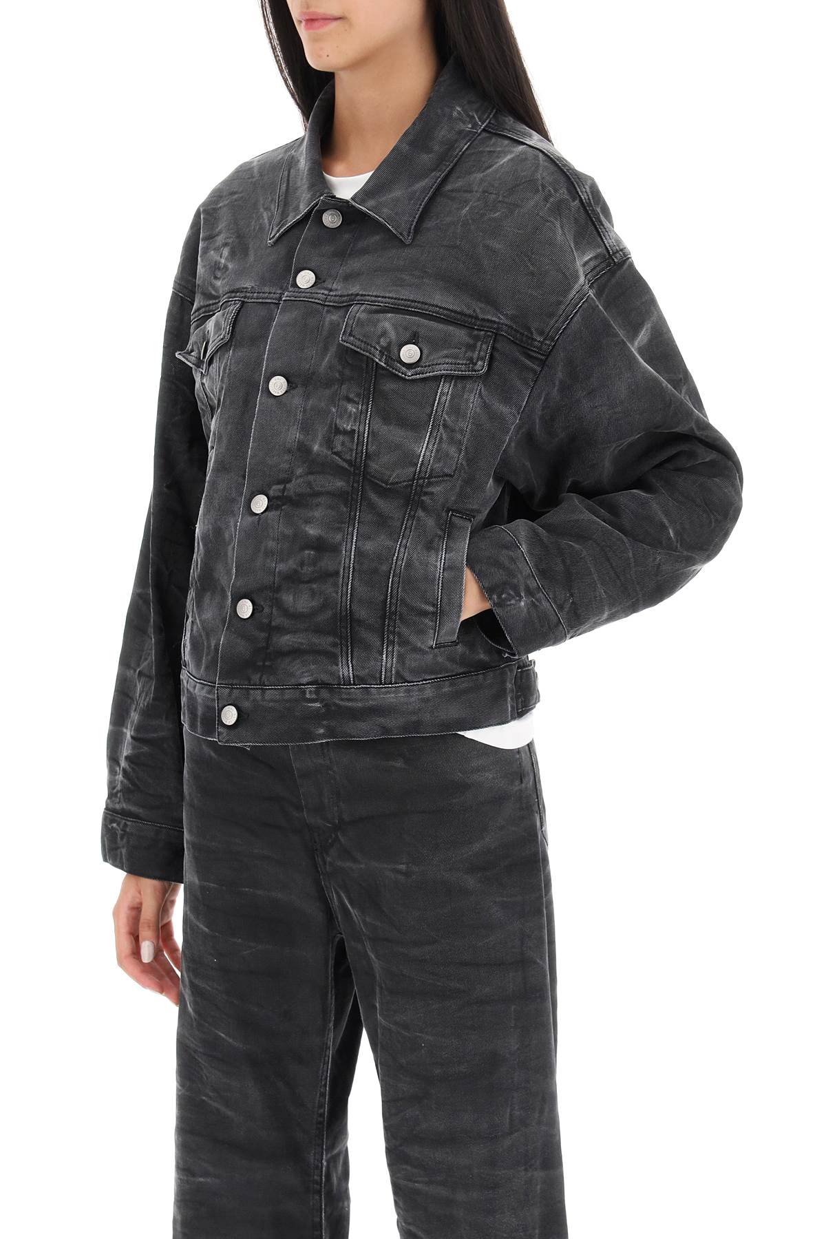 Shop Mm6 Maison Margiela Crinkle-effect Denim Jacket In Black (grey)