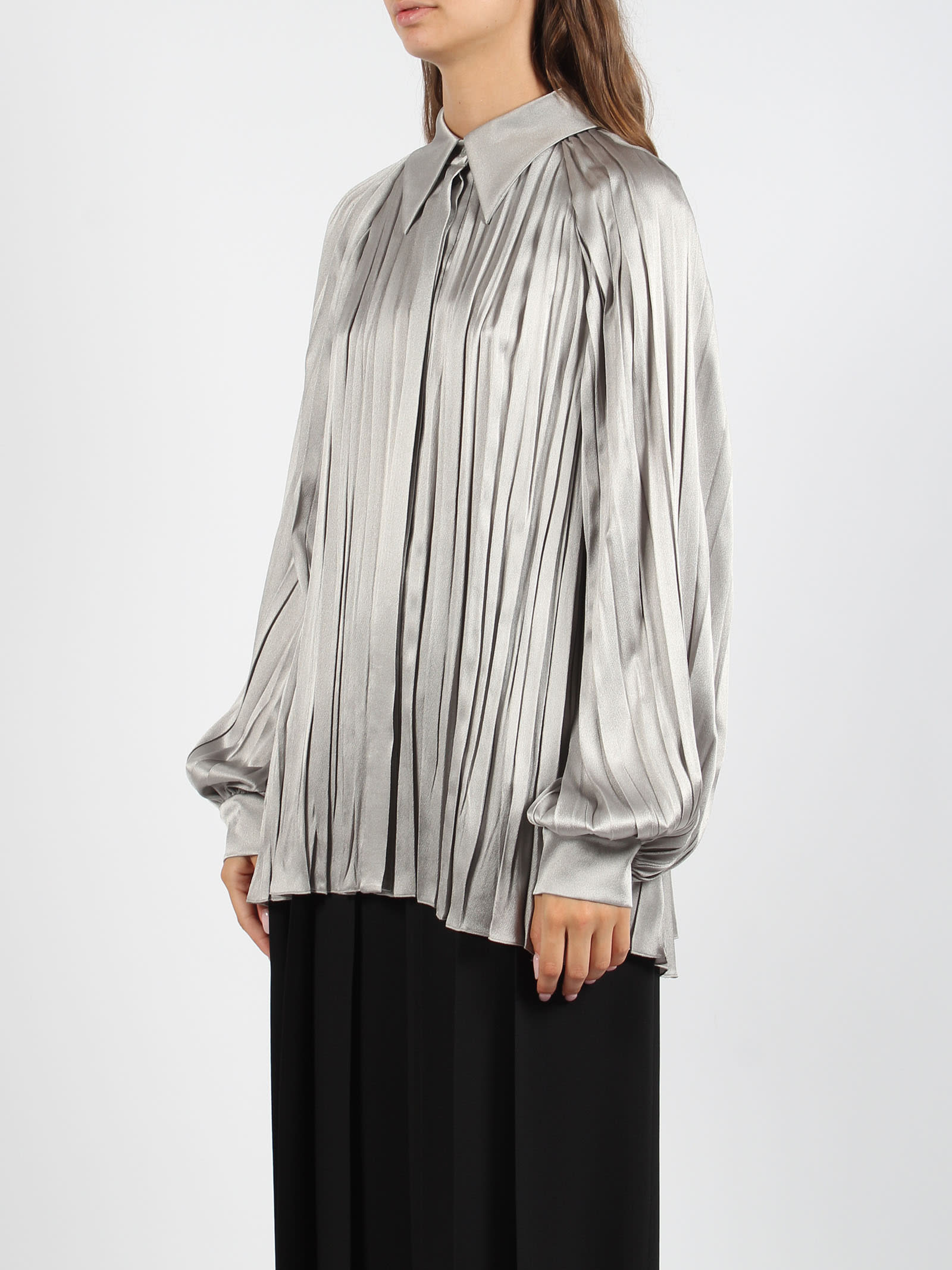 Shop Alberta Ferretti Satin Pleated Shirt In Grey