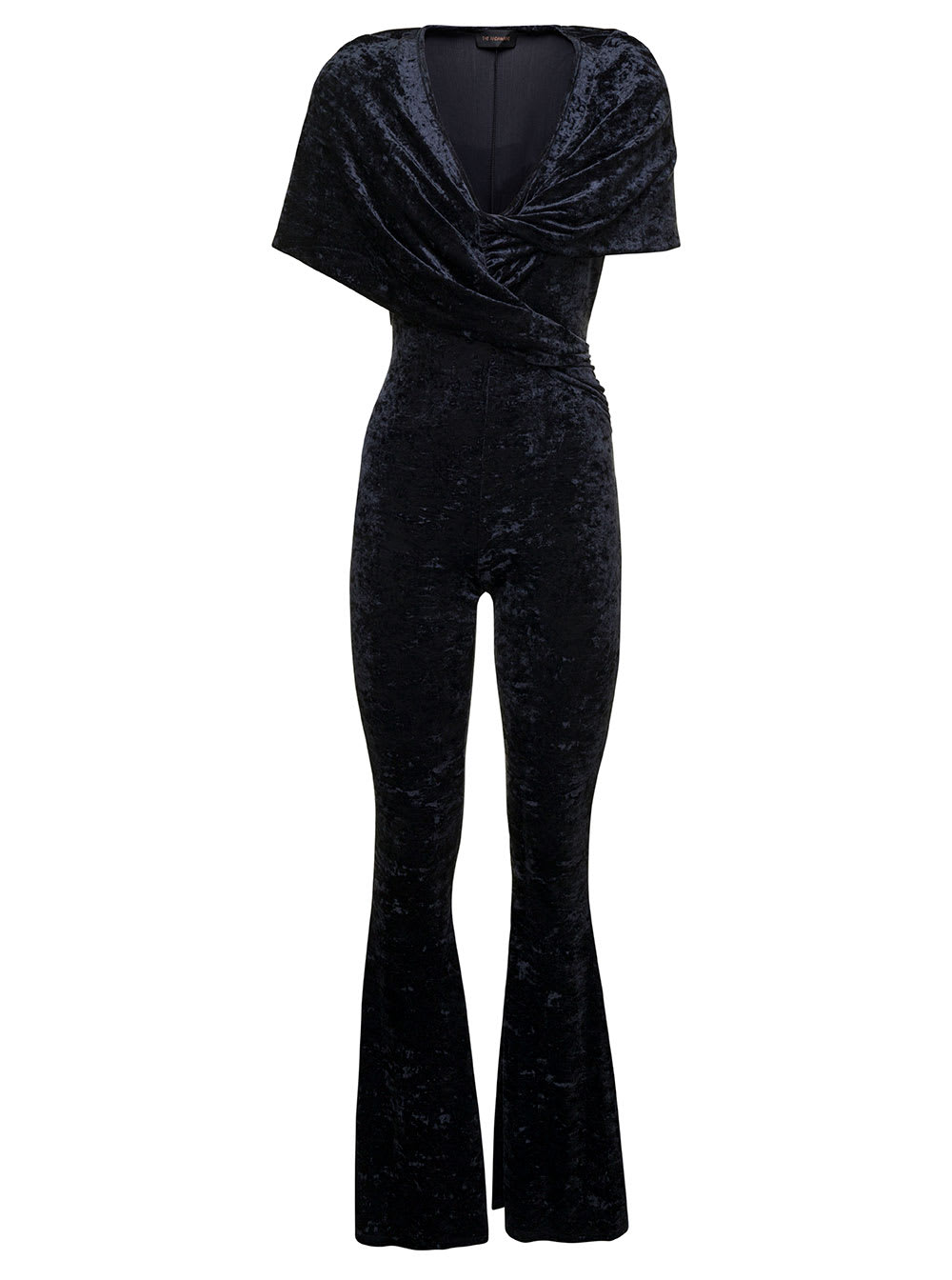 The Andamane Naomi Blue Hooded Flared Jumpsuit In Crushed Velvet Woman In Black