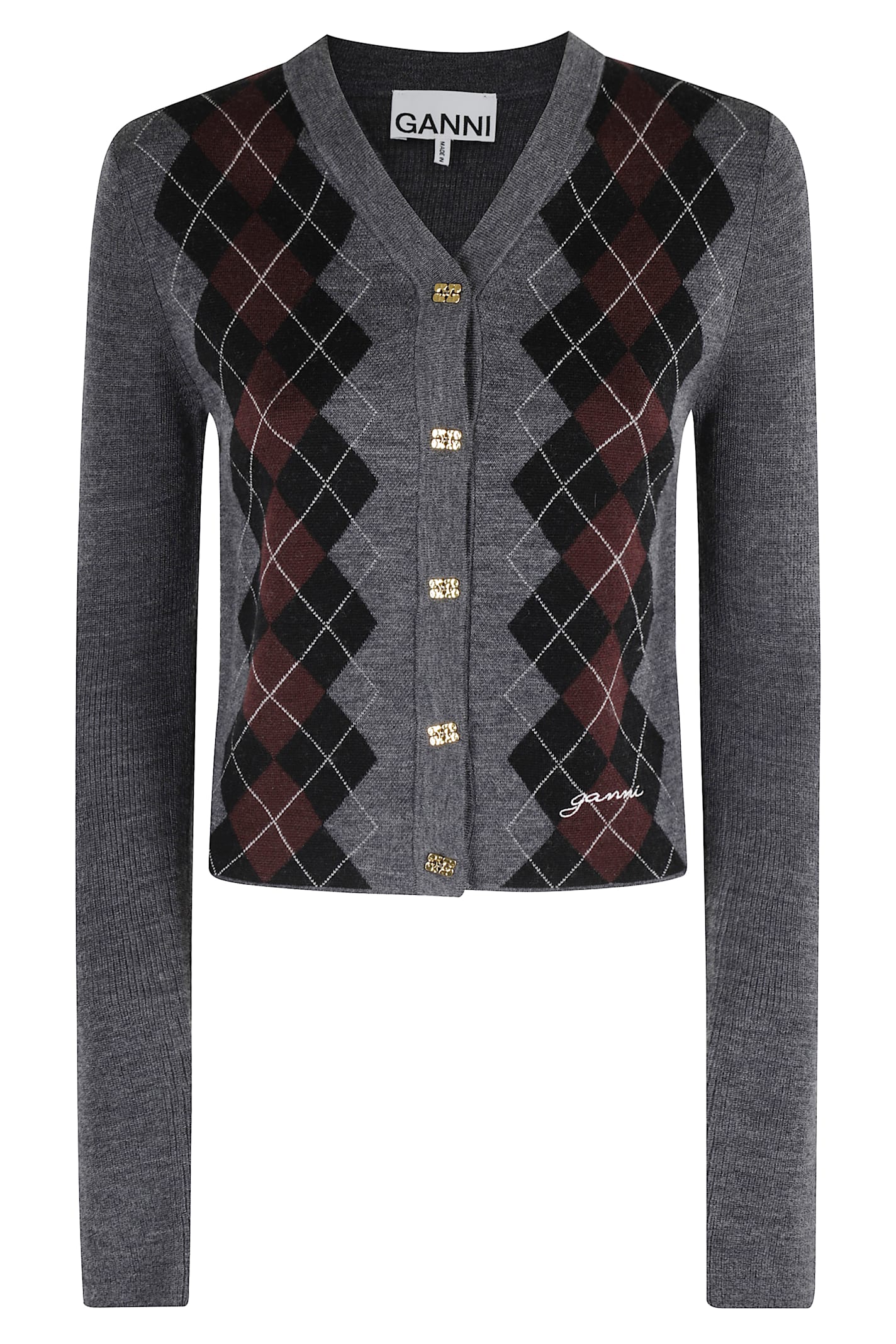 Ganni Grey Cropped Cardigan Wih V Neck And Checkmotif On The Front In Gray