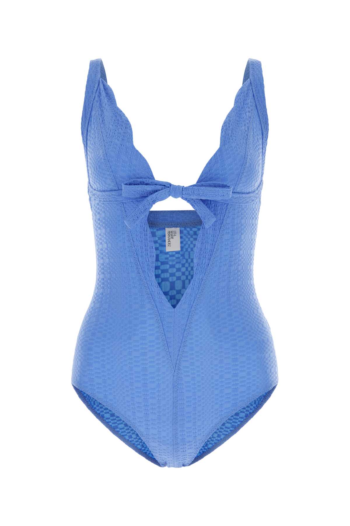 Cerulean Blue Stretch Seersucker Scallop Bow Swimsuit