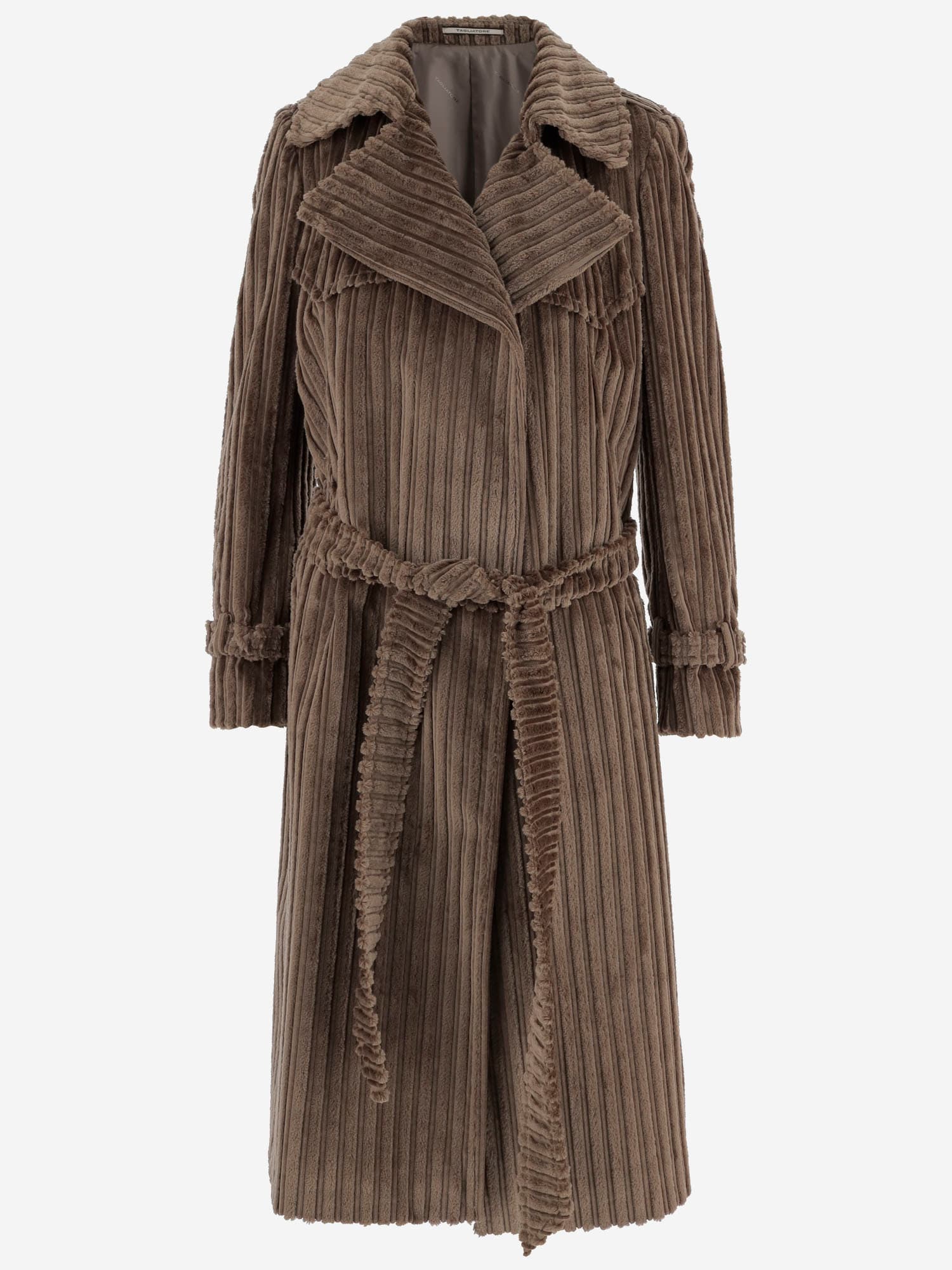 Tagliatore Ribbed Velvet Coat With Belt In Brown