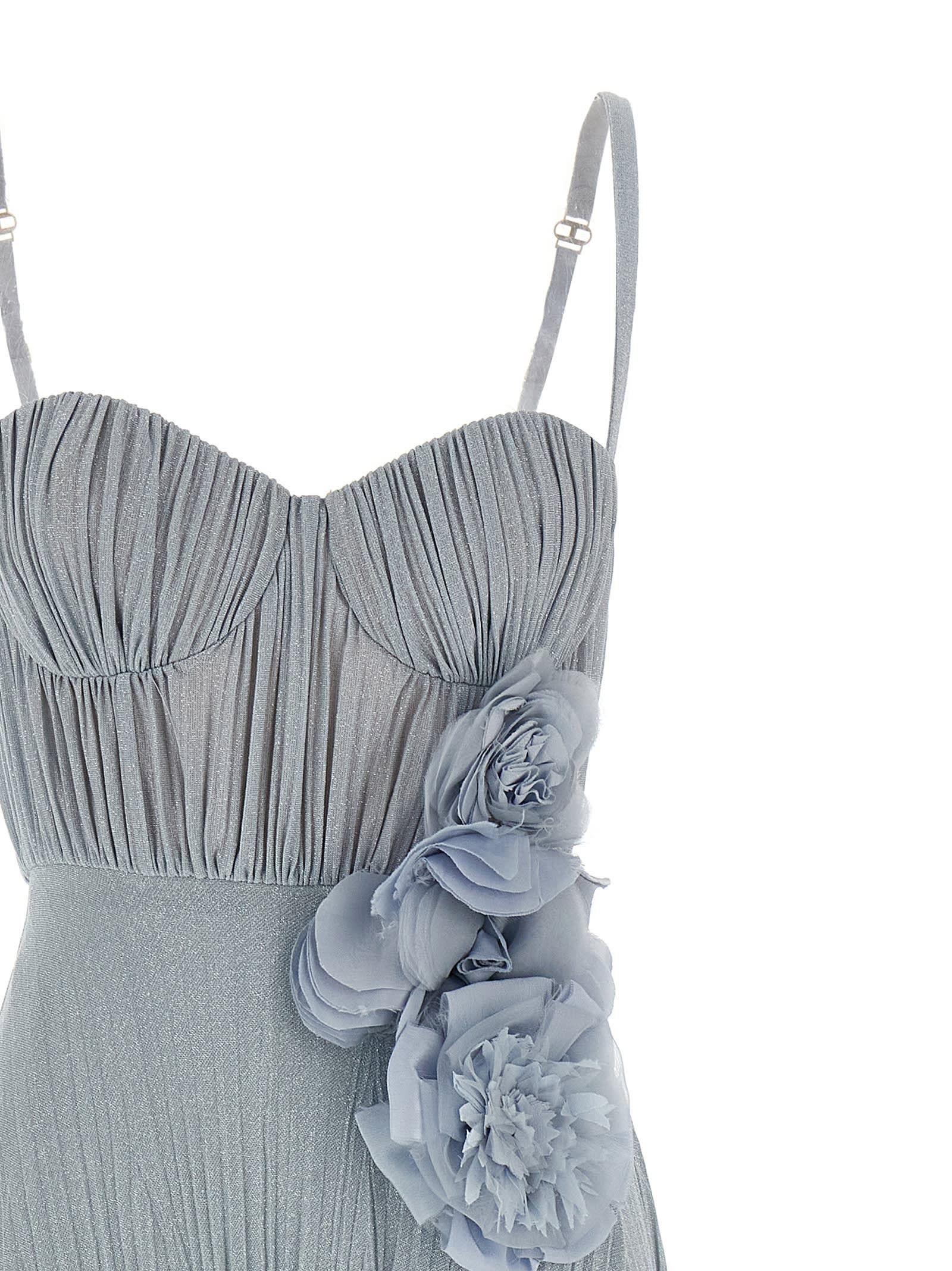 Elisabetta Franchi Pleated Dress Floral Embellishments In Sky Blue