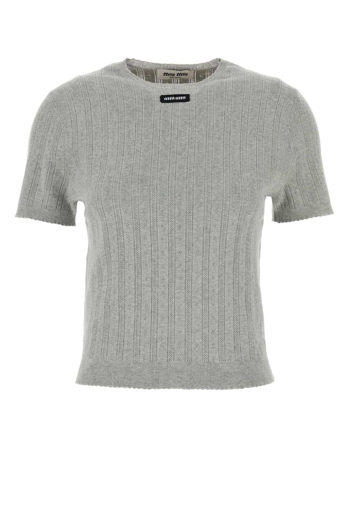 Miu Miu Cotton Crew Neck Sweater With Ribbed Texture In Gray