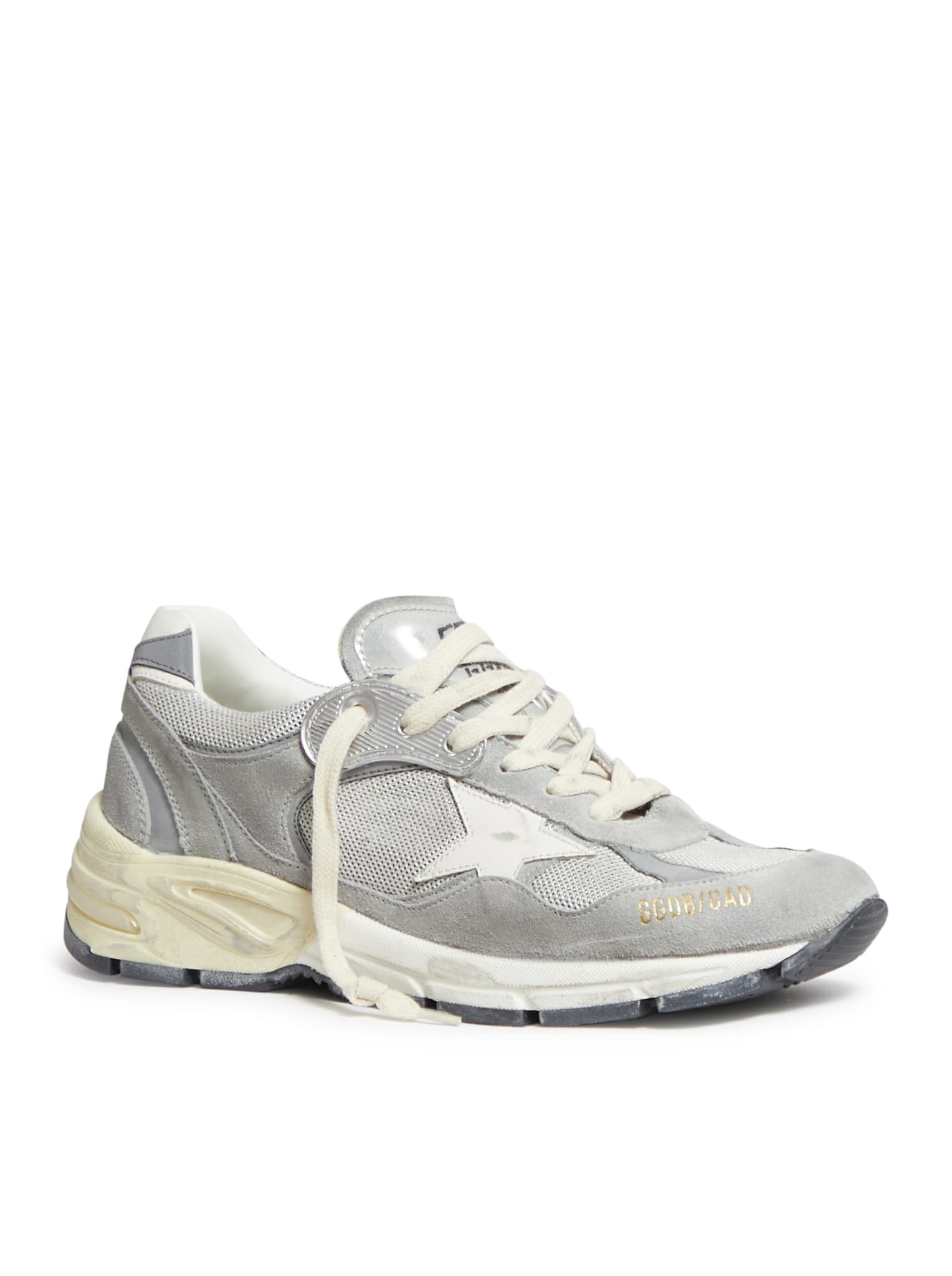 Shop Golden Goose Running Dad Net Upper Suede Toe And Spur Leather Star In Grey Silver White