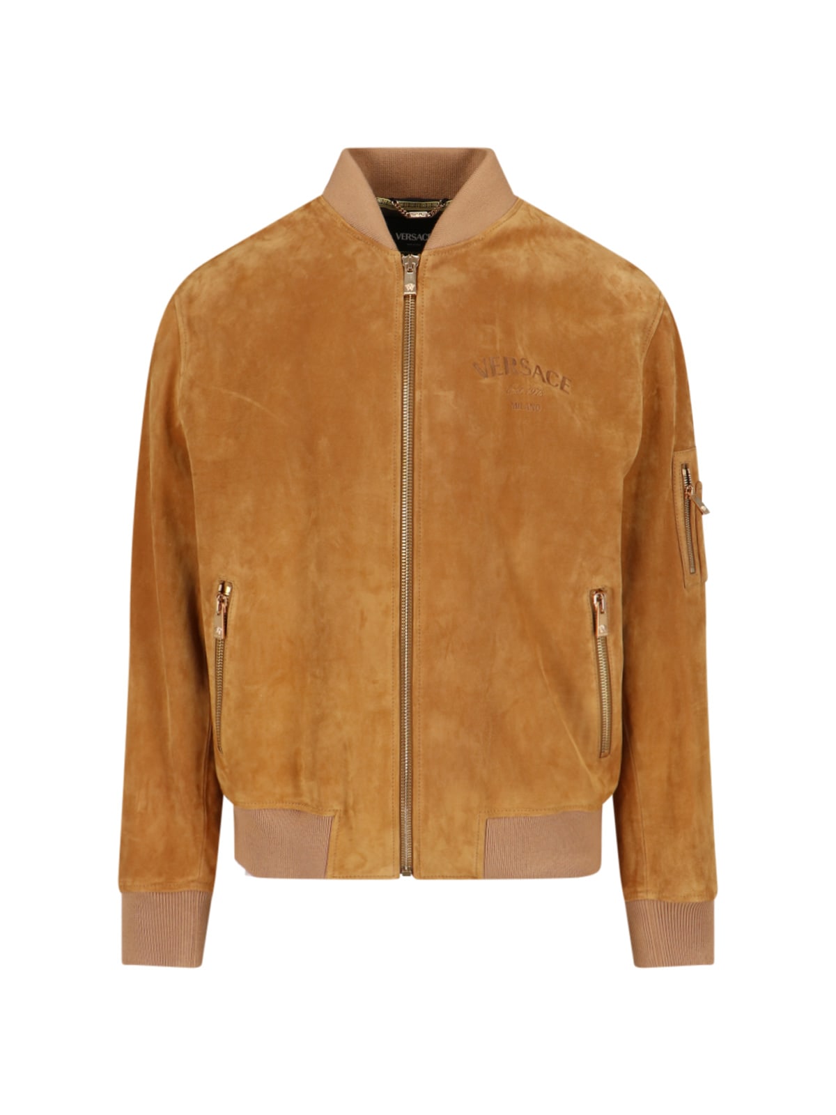 Shop Versace Suede Bomber Jacket In Brown