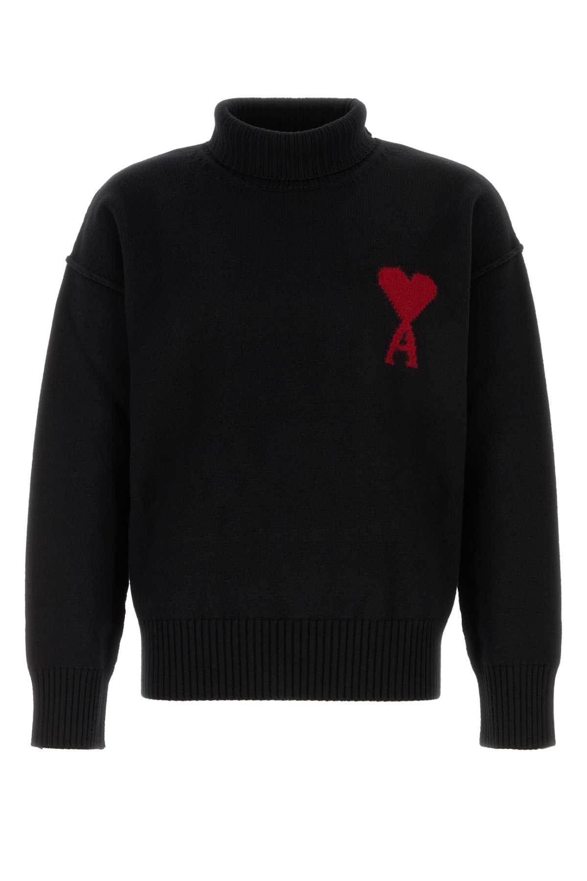 Ami Alexandre Mattiussi Ami Paris Funnel-neck Sweater With Heart Intarsia Design In Black