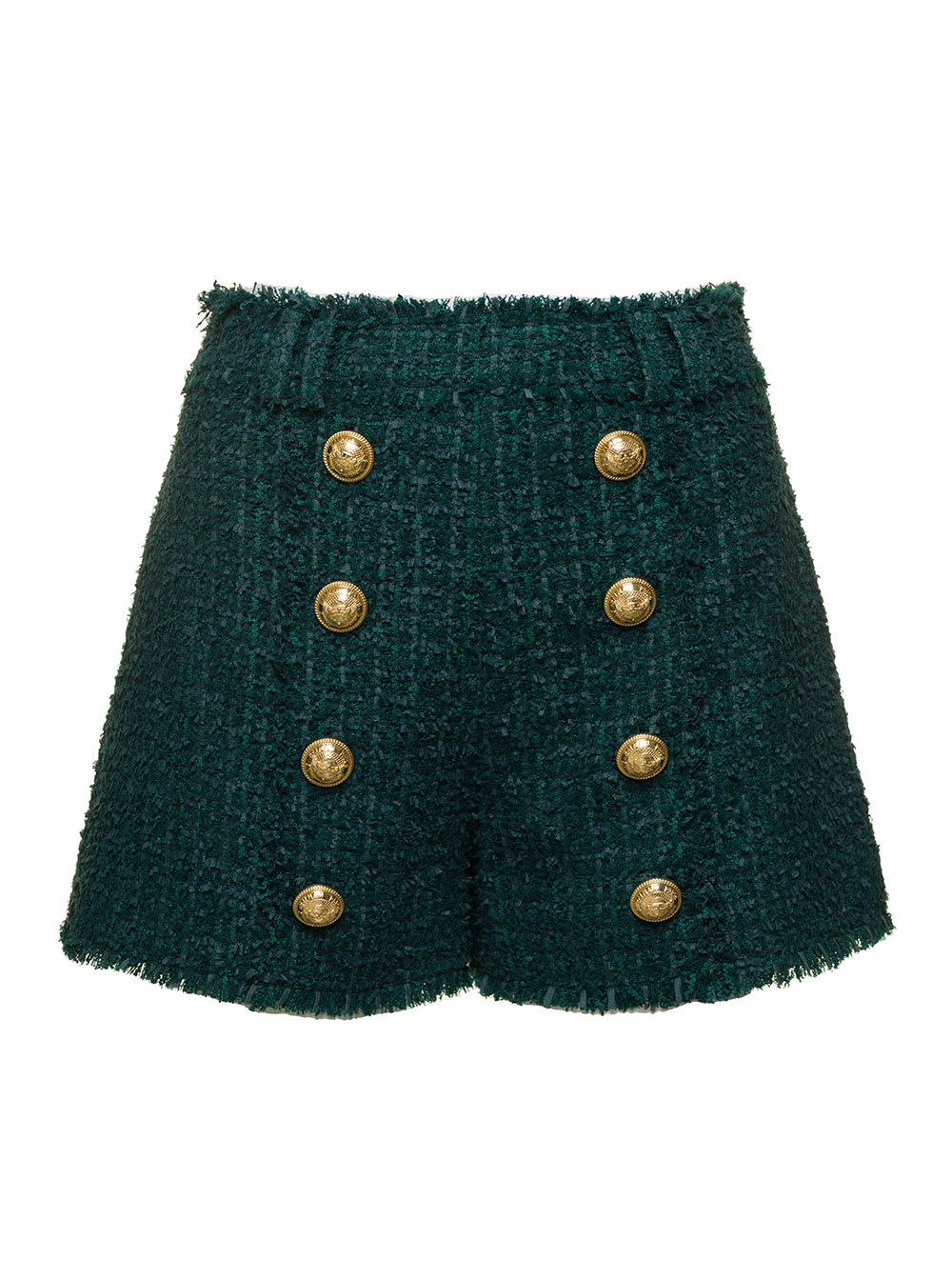 Shop Balmain Green Tweed Shorts With Aged-gold Buttons In Wool Blend Woman
