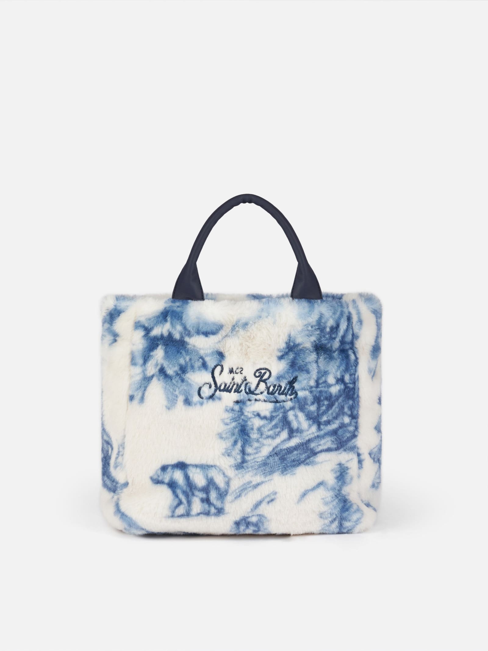 Mc2 Saint Barth Furry Soft Mini Vanity Bag With Toile De Jouy Print In White