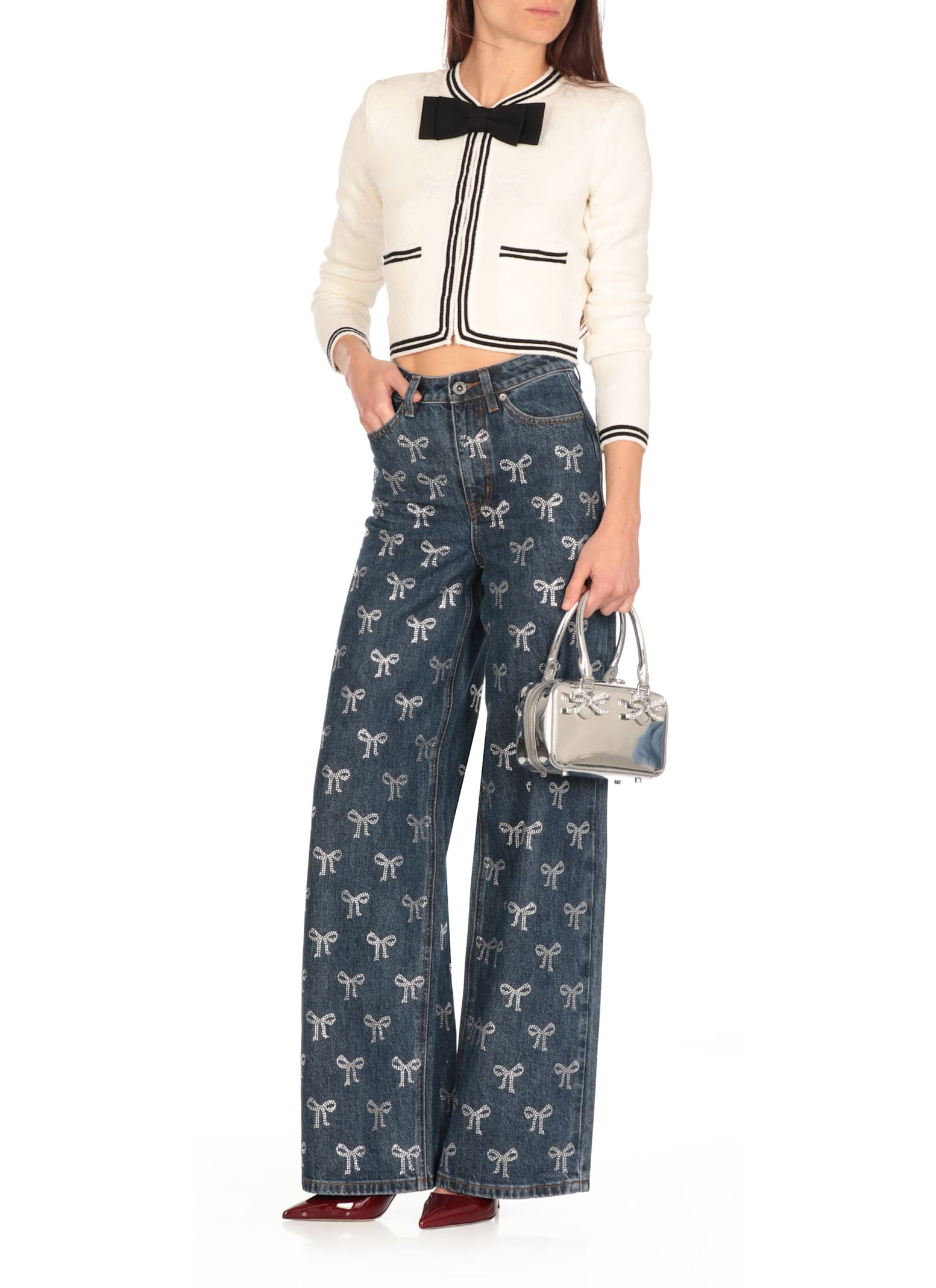 Self-portrait Blue Jeans With All-over Rhinestoned Bow Embellishments In Denim Woman In Blue