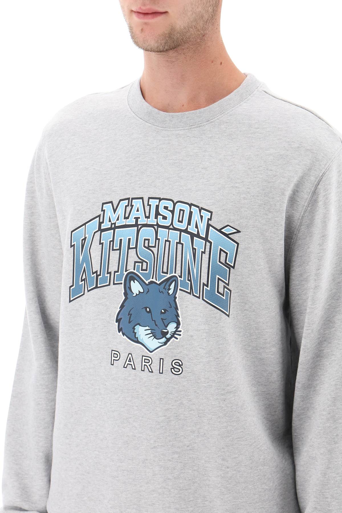 Shop Maison Kitsuné Crew-neck Sweatshirt With Campus Fox Print In Light Grey Melange