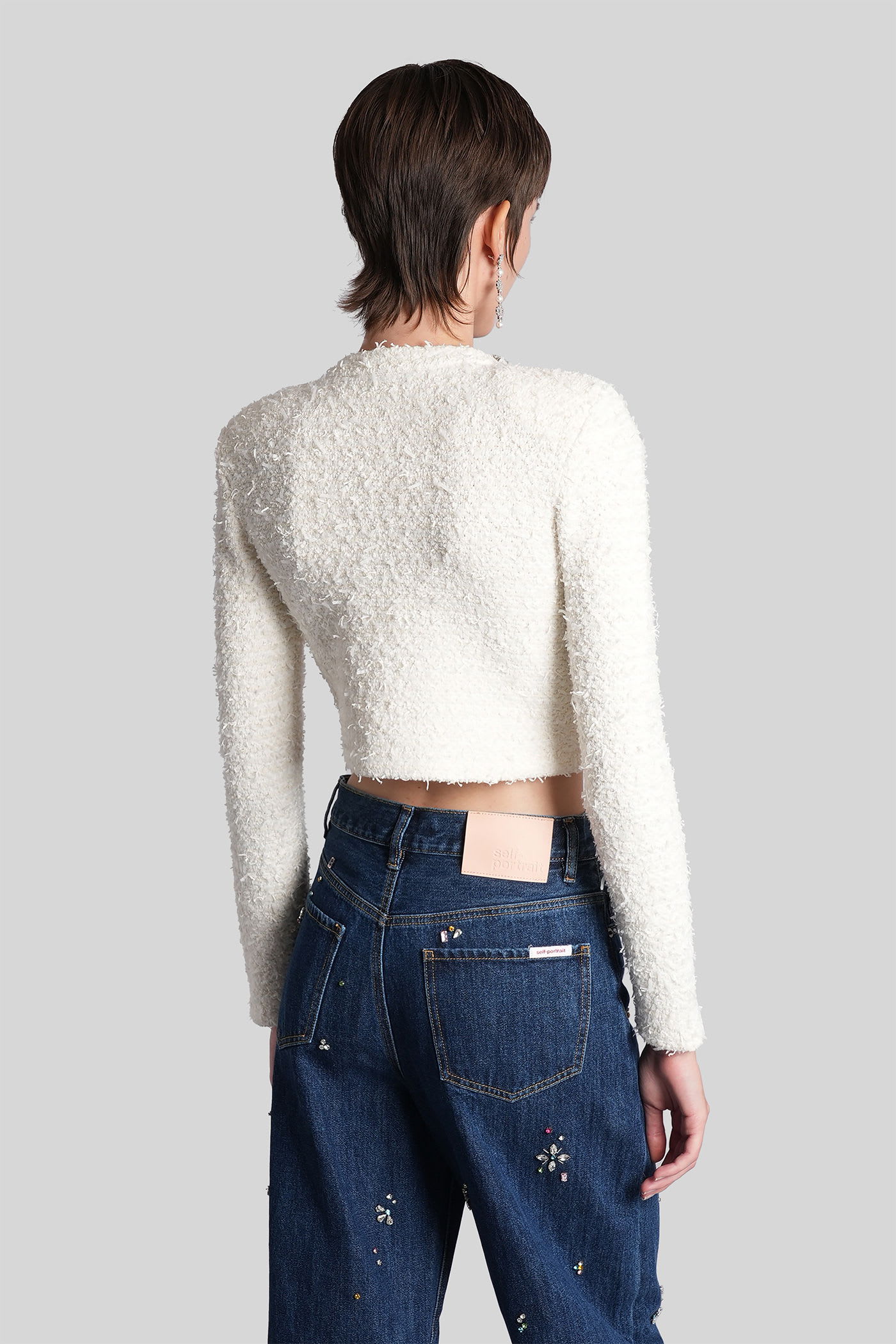 Self-portrait Cardigan In White Cotton In Multi
