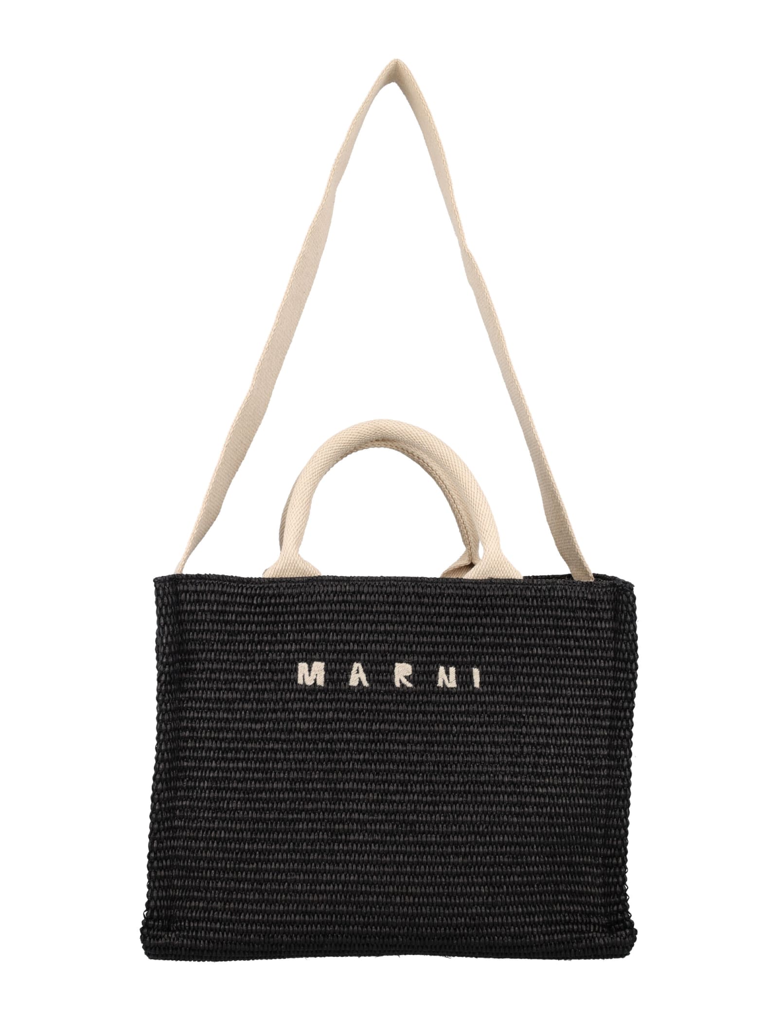 Shop Marni Small Raffia Tote Bag In Black