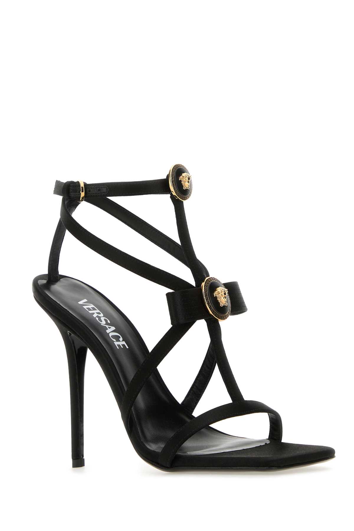 Versace Black Satin Sandals In Blackgold