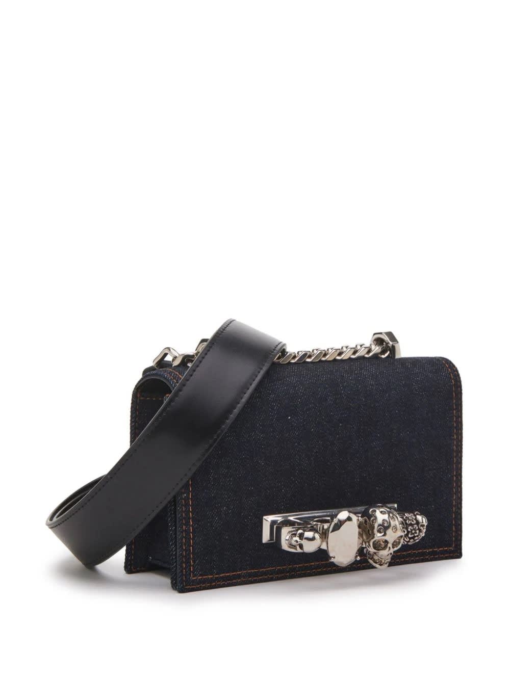 Shop Alexander Mcqueen Mini Biker Jewelled Satchel Bag In Denim