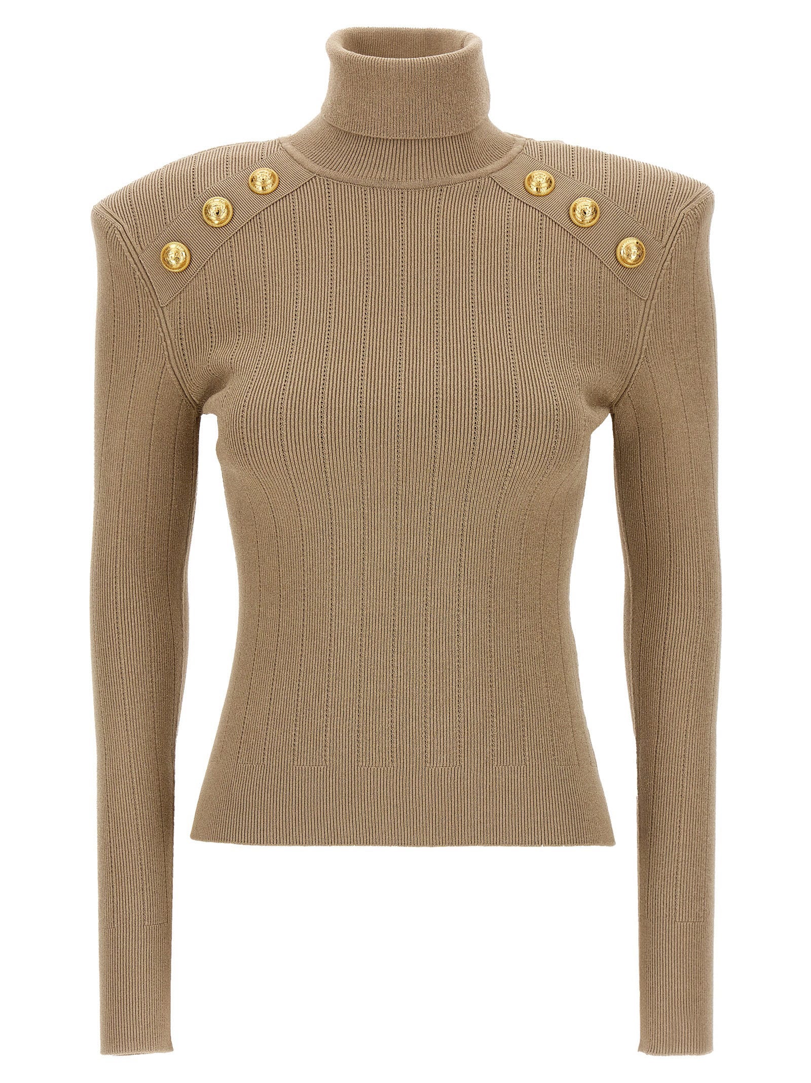 Shop Balmain Ribbed Button Sweater In Beige