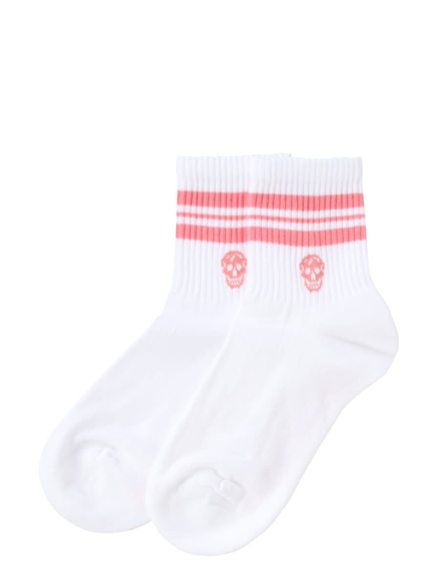 Shop Alexander Mcqueen Sock With Sporty Stripes And Skull In White