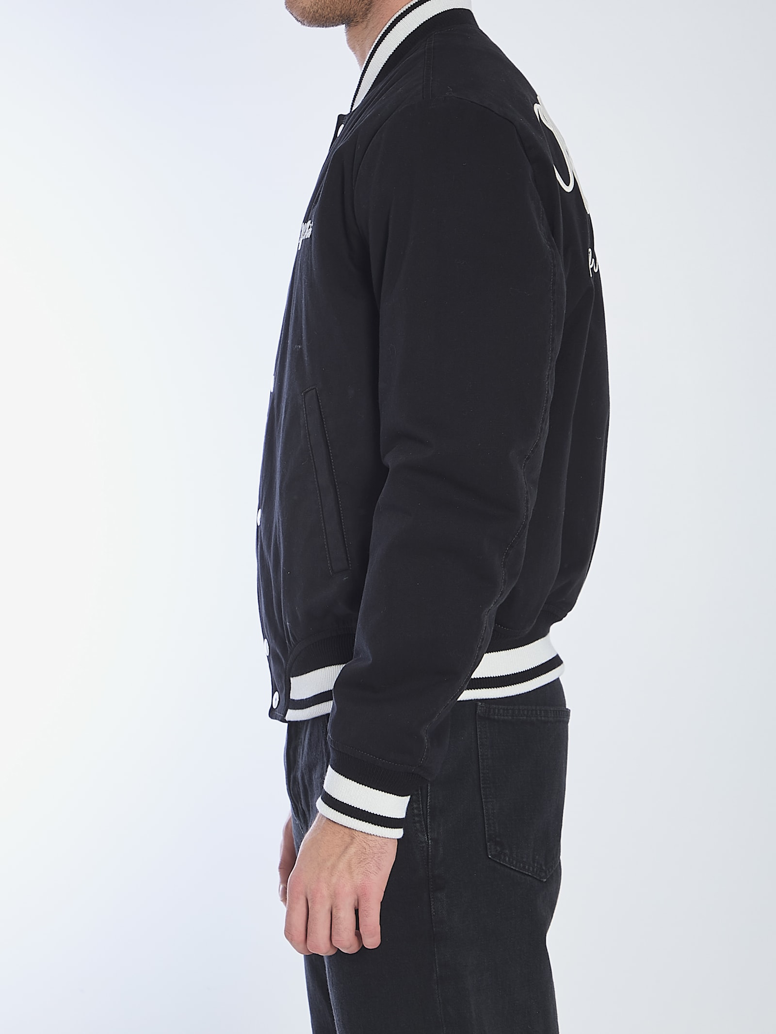 Off-white College Satin Souvenir Bomber Jacket In Black/white