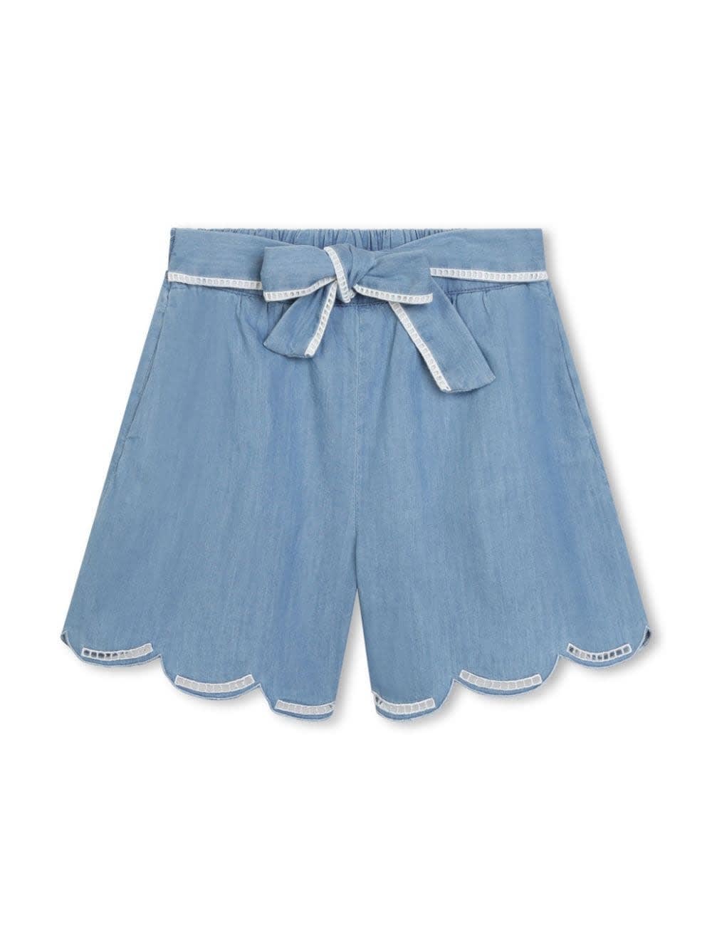 Shop Chloé Medium Blue Shorts With Belt And Scalloped Hem
