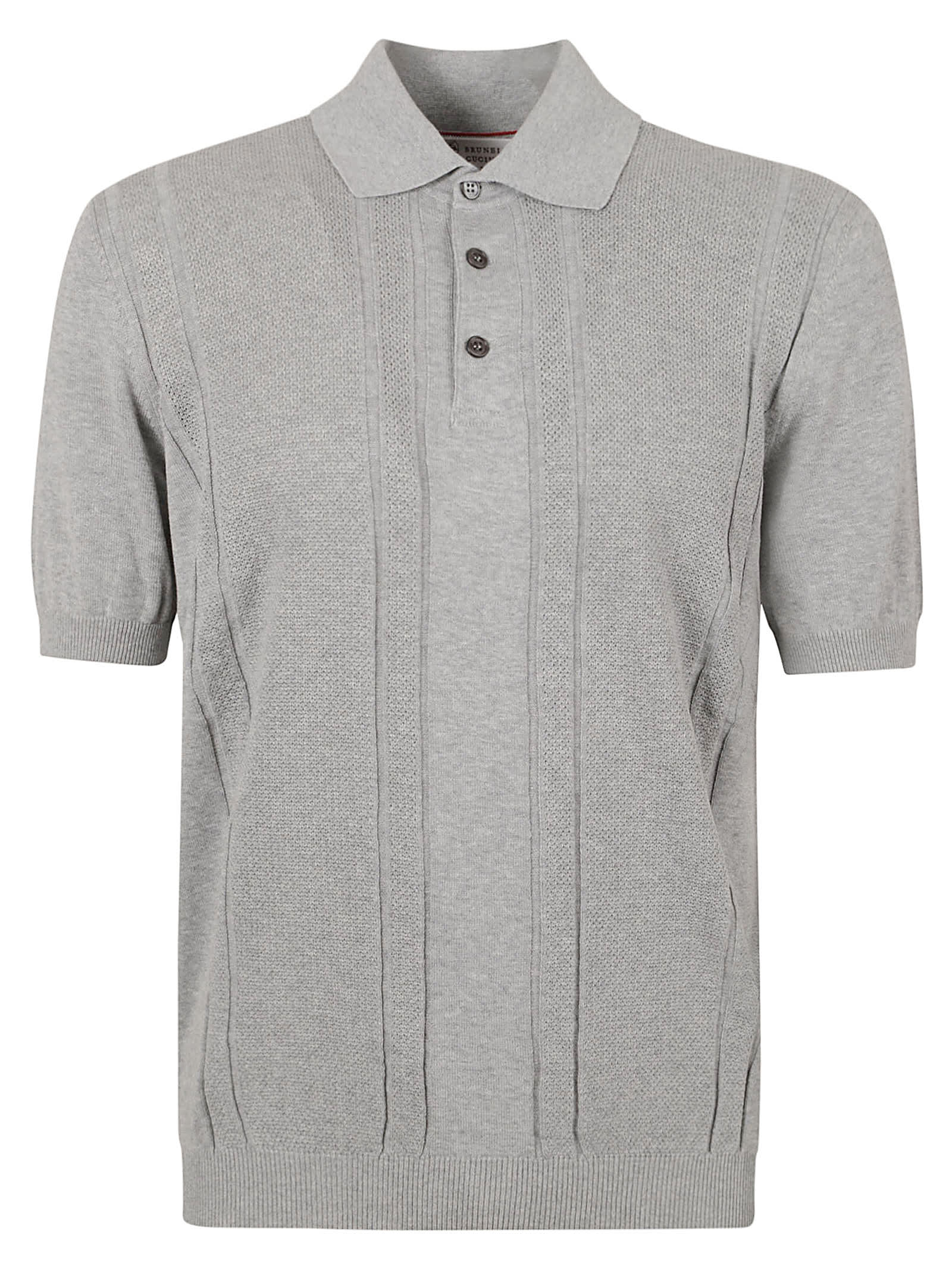 Brunello Cucinelli Rib Trim Knit Polo Shirt In Grey Chiaro