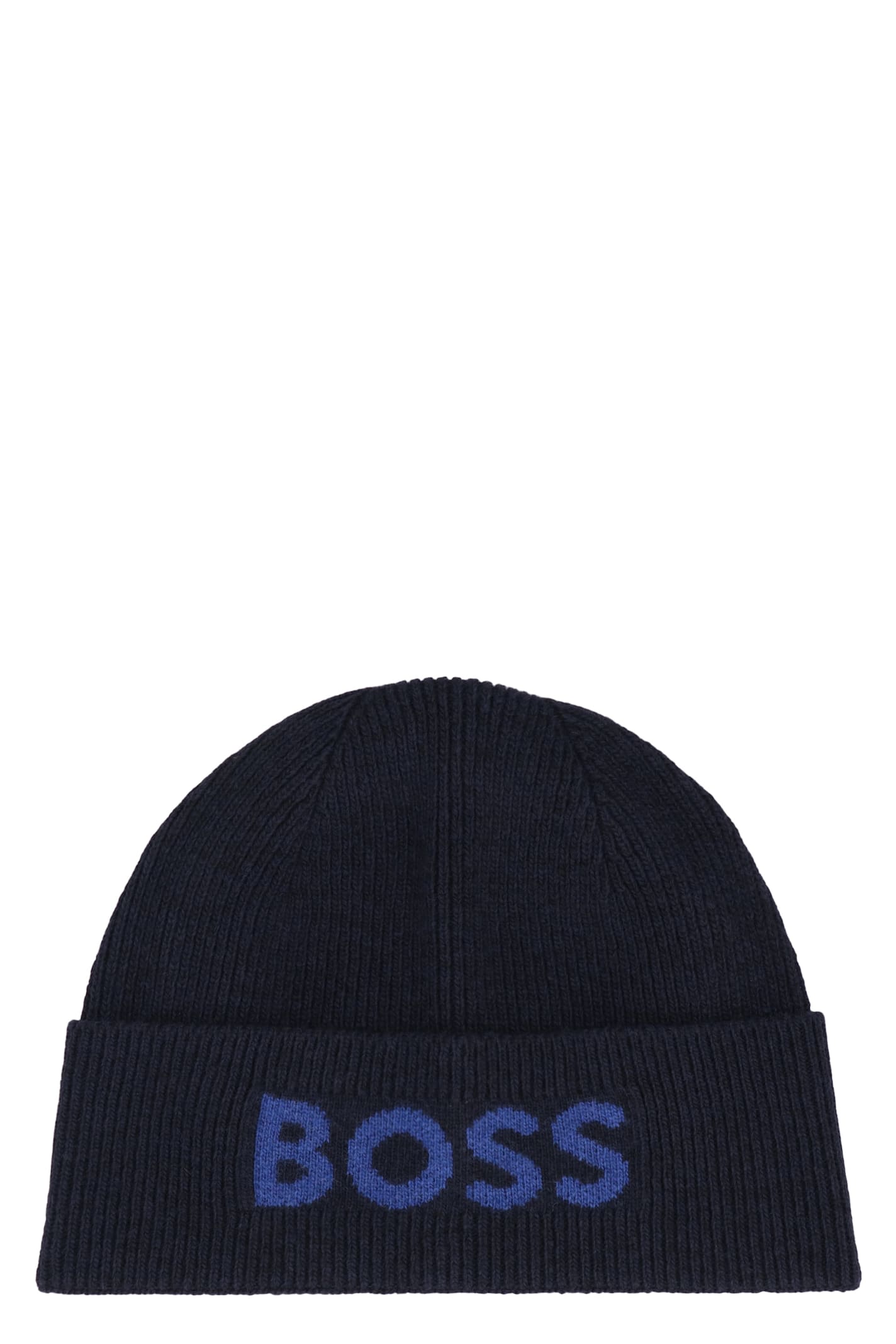 Hugo Boss Logo Knit Beanie Adjustable Cuff In Blue