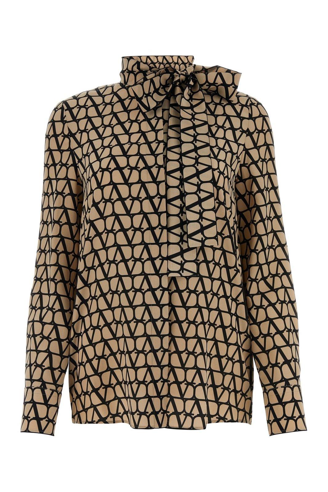Shop Valentino Pussy-bow Long-sleeved Shirt In Beige