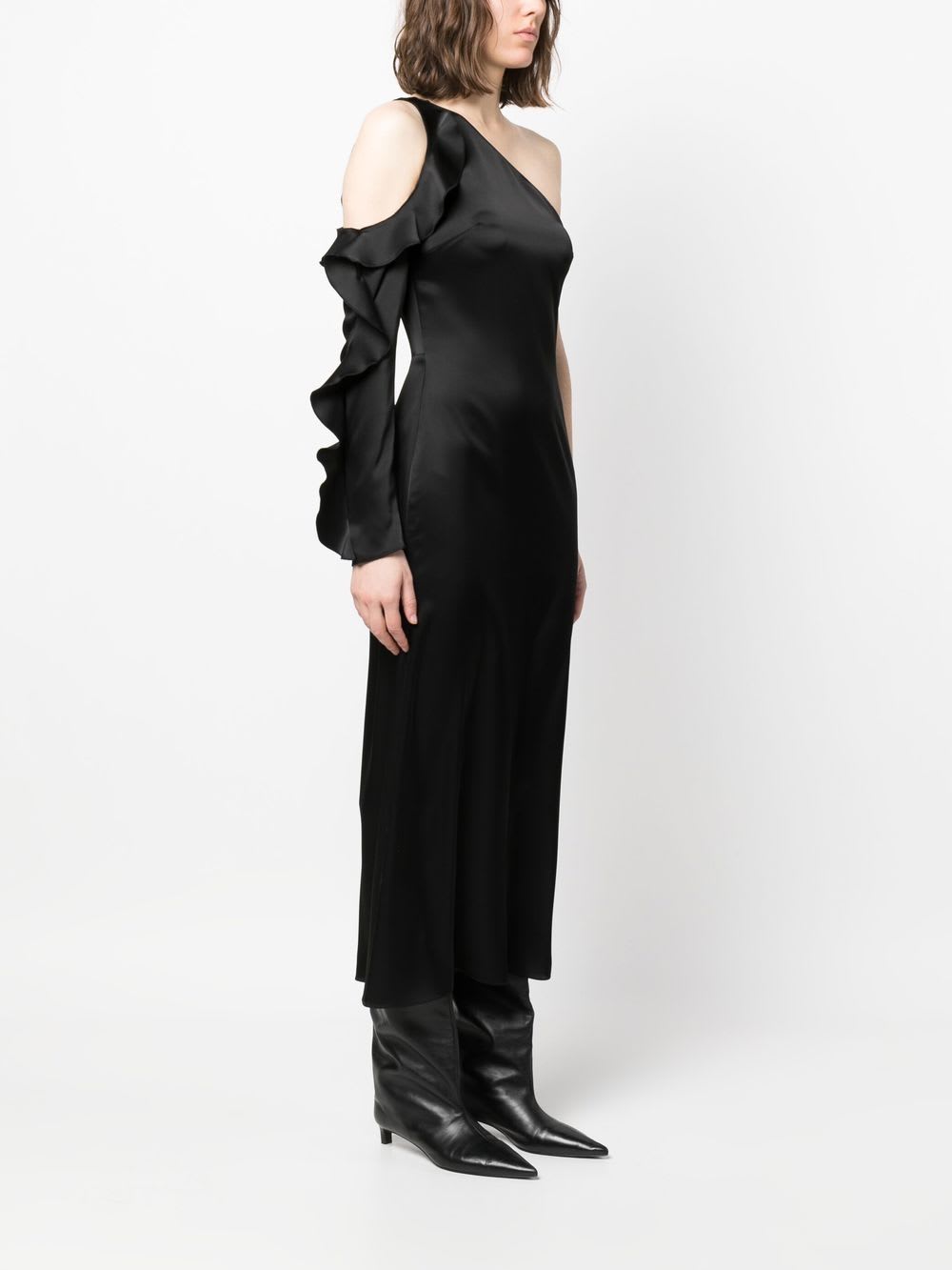 David Koma One Shoulder Midi Dress With Ruffle Detail In Black