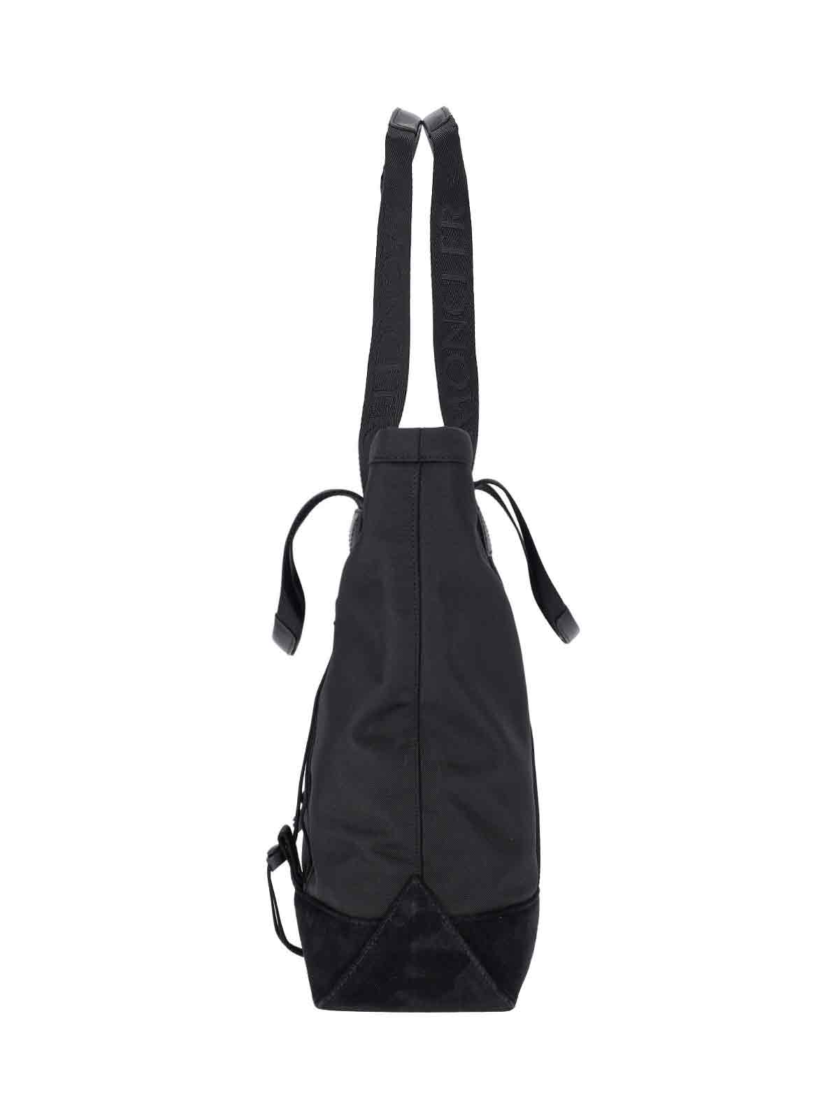 Moncler Compact Black Water-repellent Tote With Leather Accents And Jacquard Logo In Black