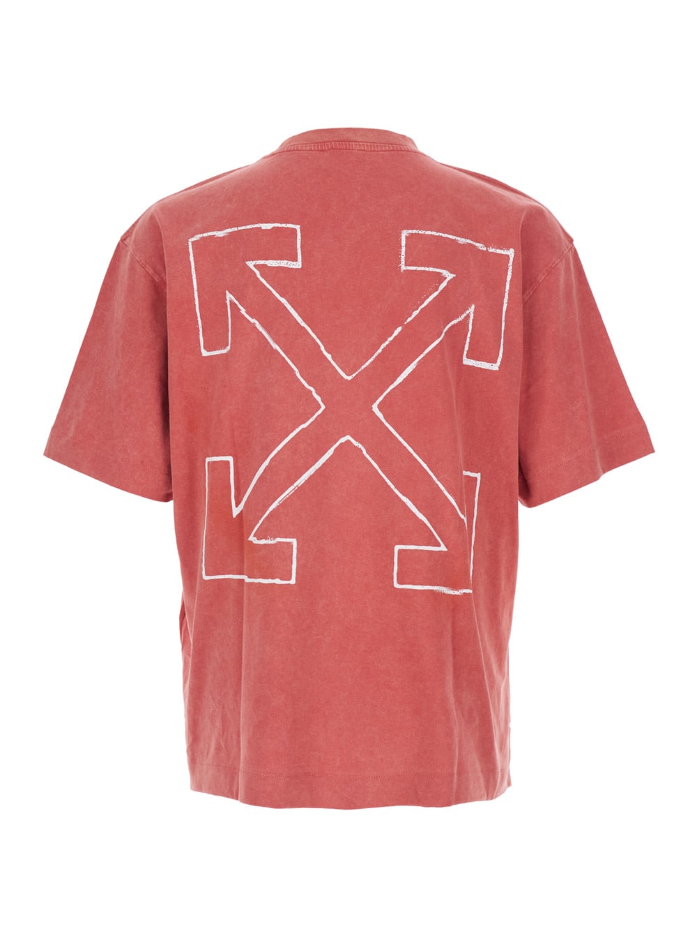 Off-white Red Crewneck T-shirt With Print On Front And Rear And Faded Effect In Cotton Man In Pink