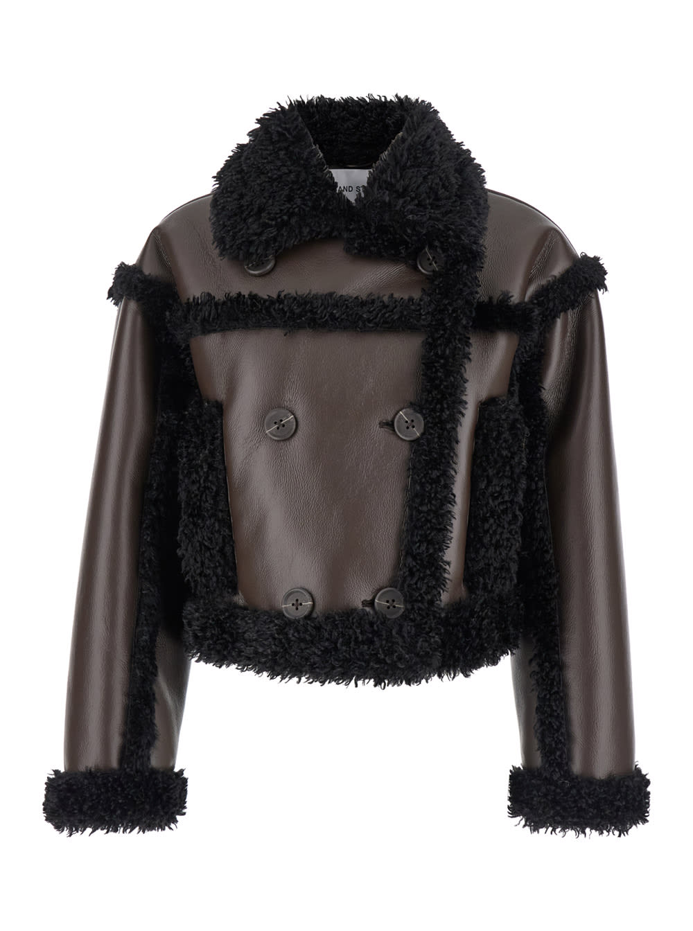 kristy Brown Crop Double-breasted Coat With Faux Shearling Trim In Leather Woman