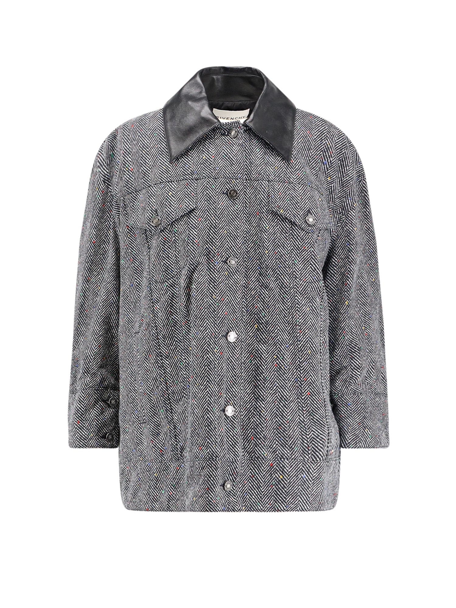 Givenchy Herringbone Pattern Cotton Jacket With Leather Collar In Gray