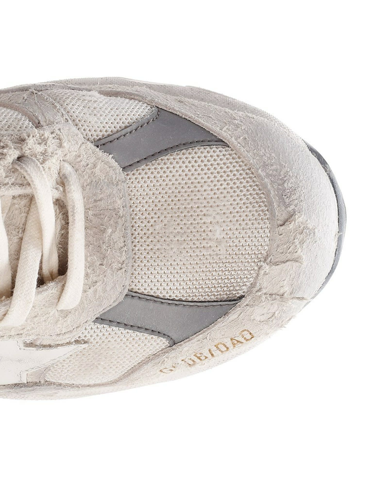 Shop Golden Goose Running Dad Net And Suede Upper Leather Star And Heel Suede Spur In White Silver