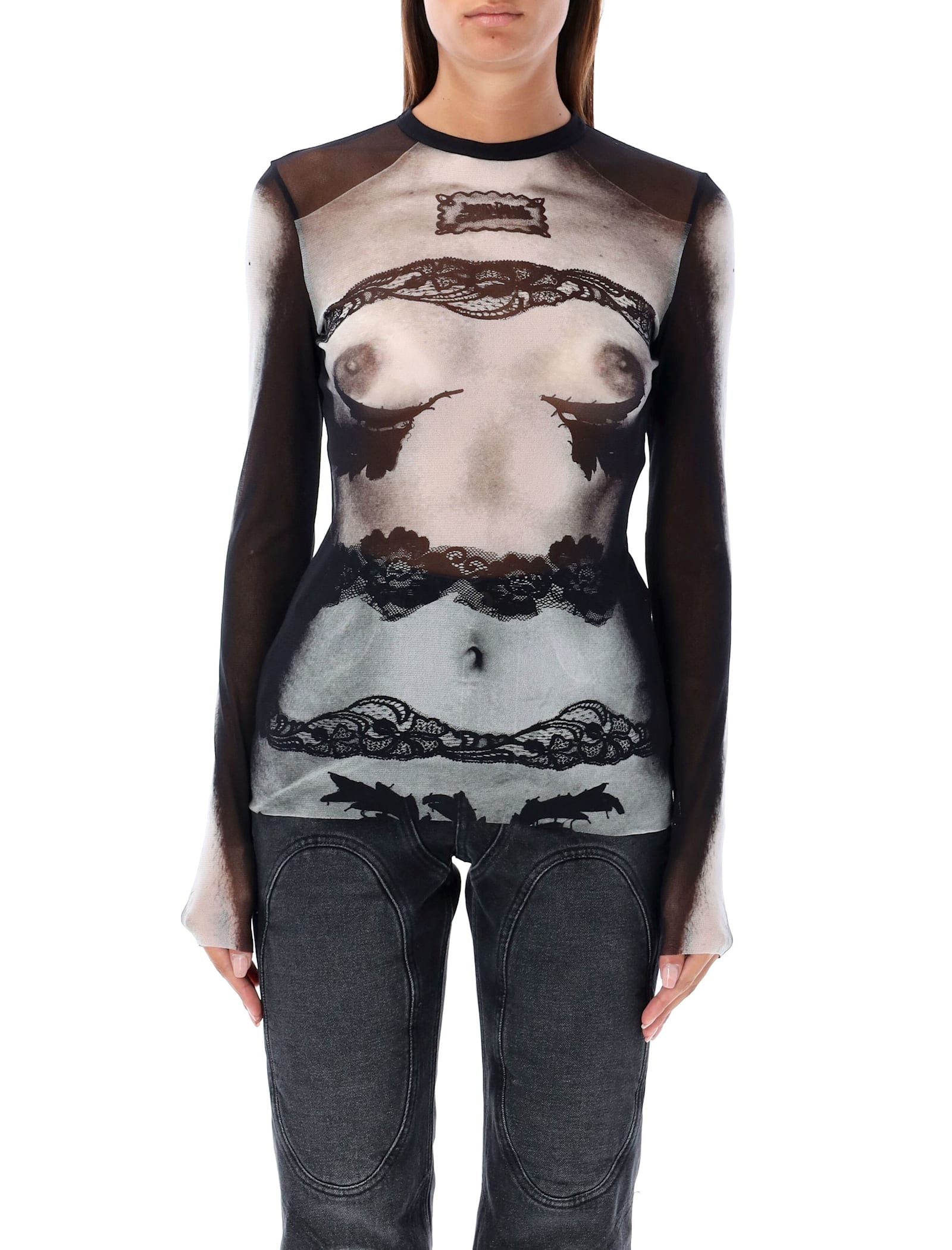 Shop Jean Paul Gaultier Trompe-l Il Mesh Top In Black Grey White