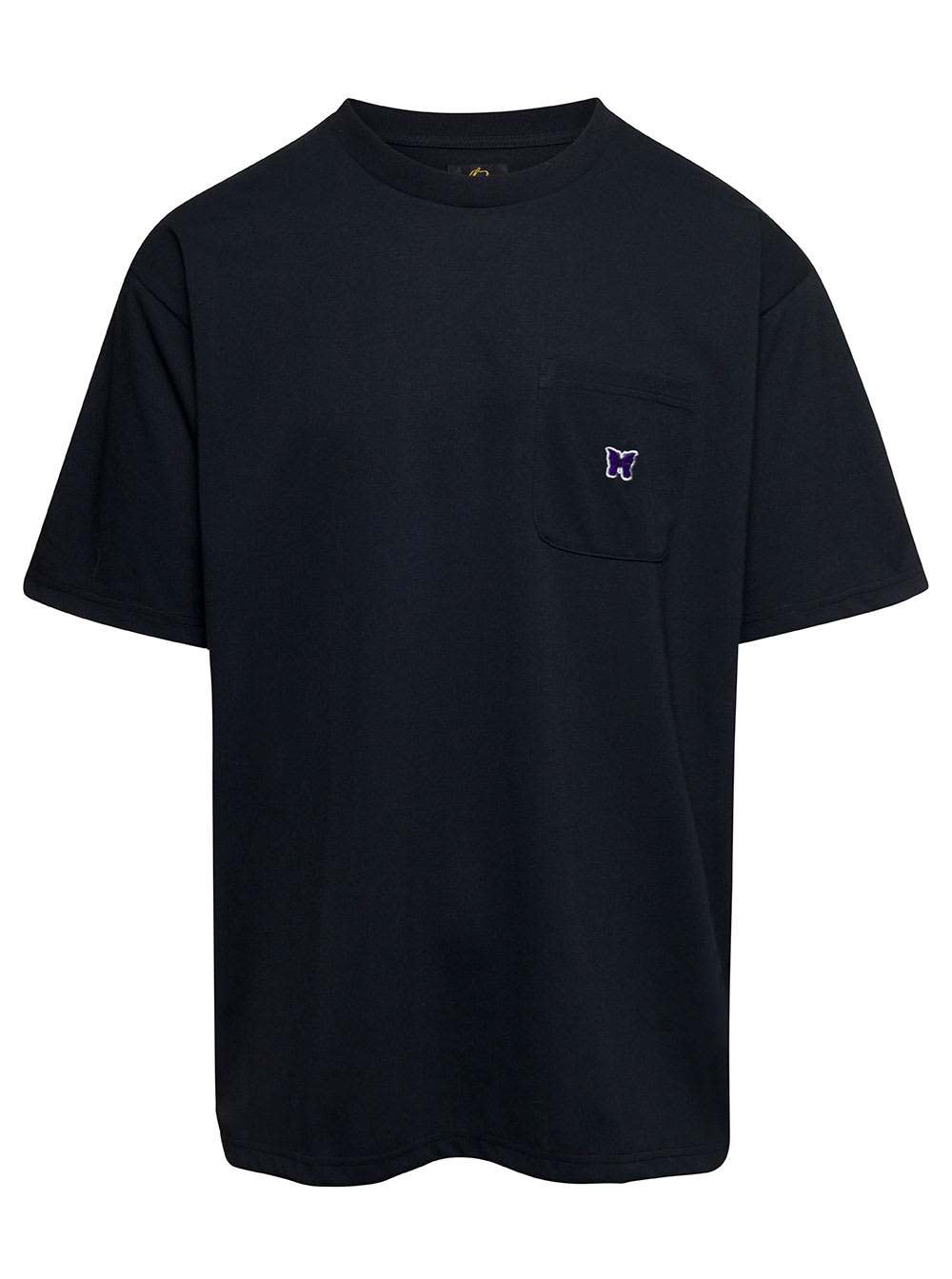Needles Solid Color Mock-neck T-shirt With Butterflyembroidery In Black