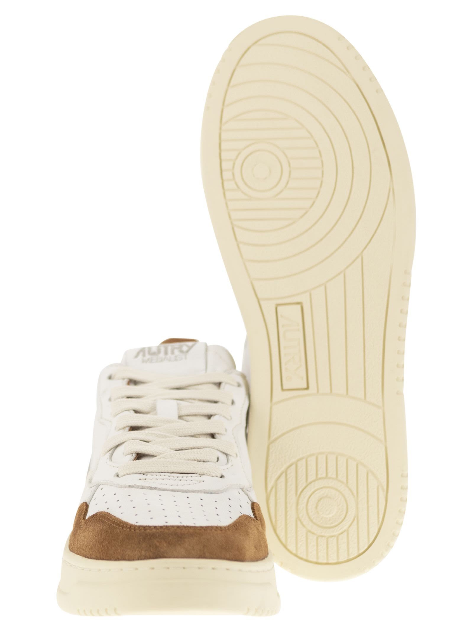 Shop Autry Medalist Low - Sneakers In Goatskin And Suede In Bianco+caramel