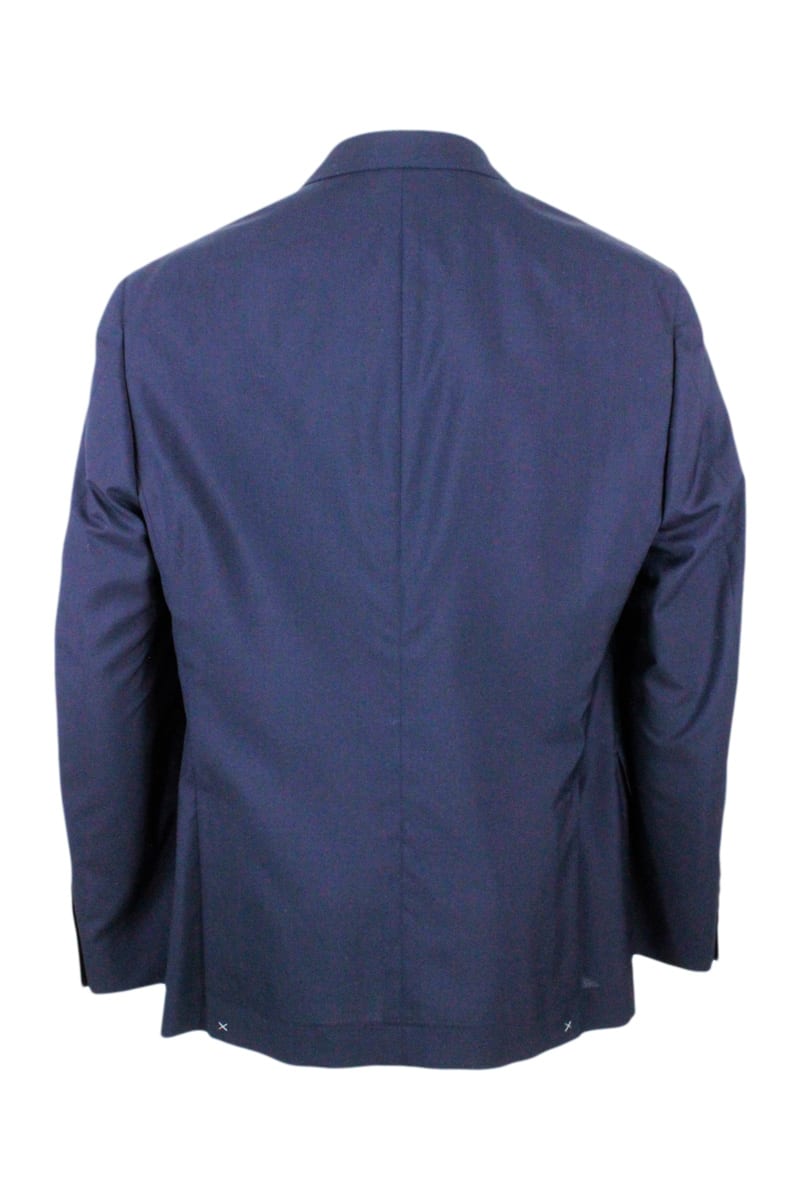 Shop Brunello Cucinelli 3-button Jacket Unlined In Fresh Wool Canvas. The Buttons Are In Brown Horn In Blu