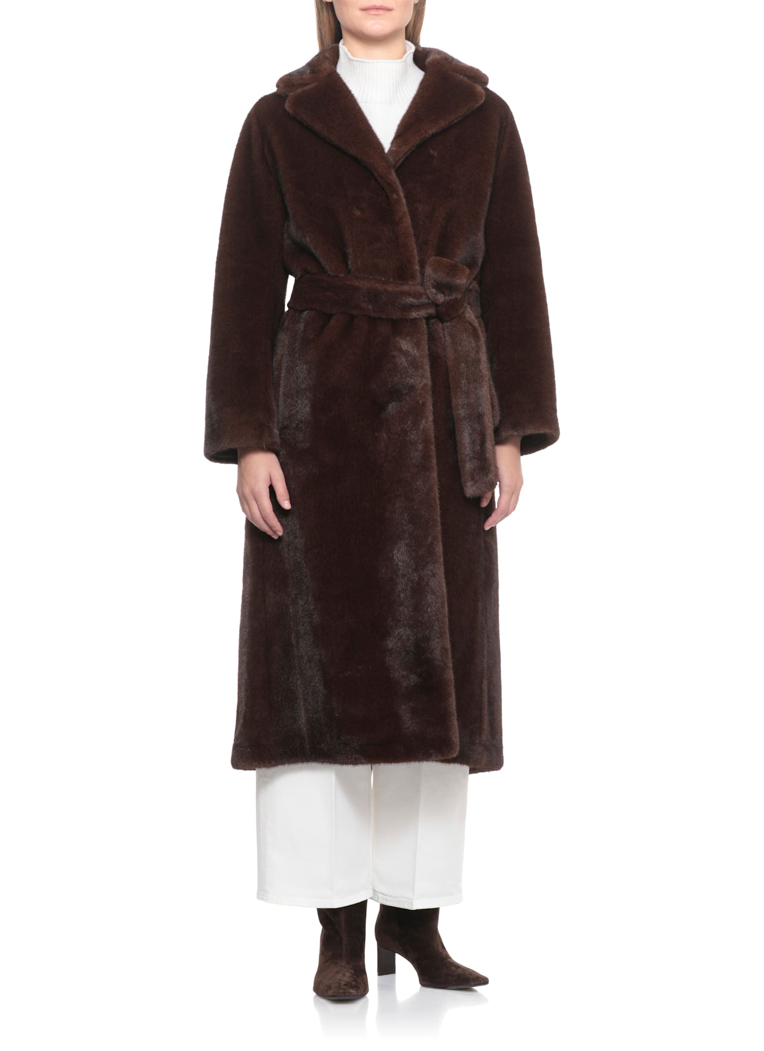 Valentini 1972 Brown Coat With Waist Belt In Faux Fur Woman In Brown