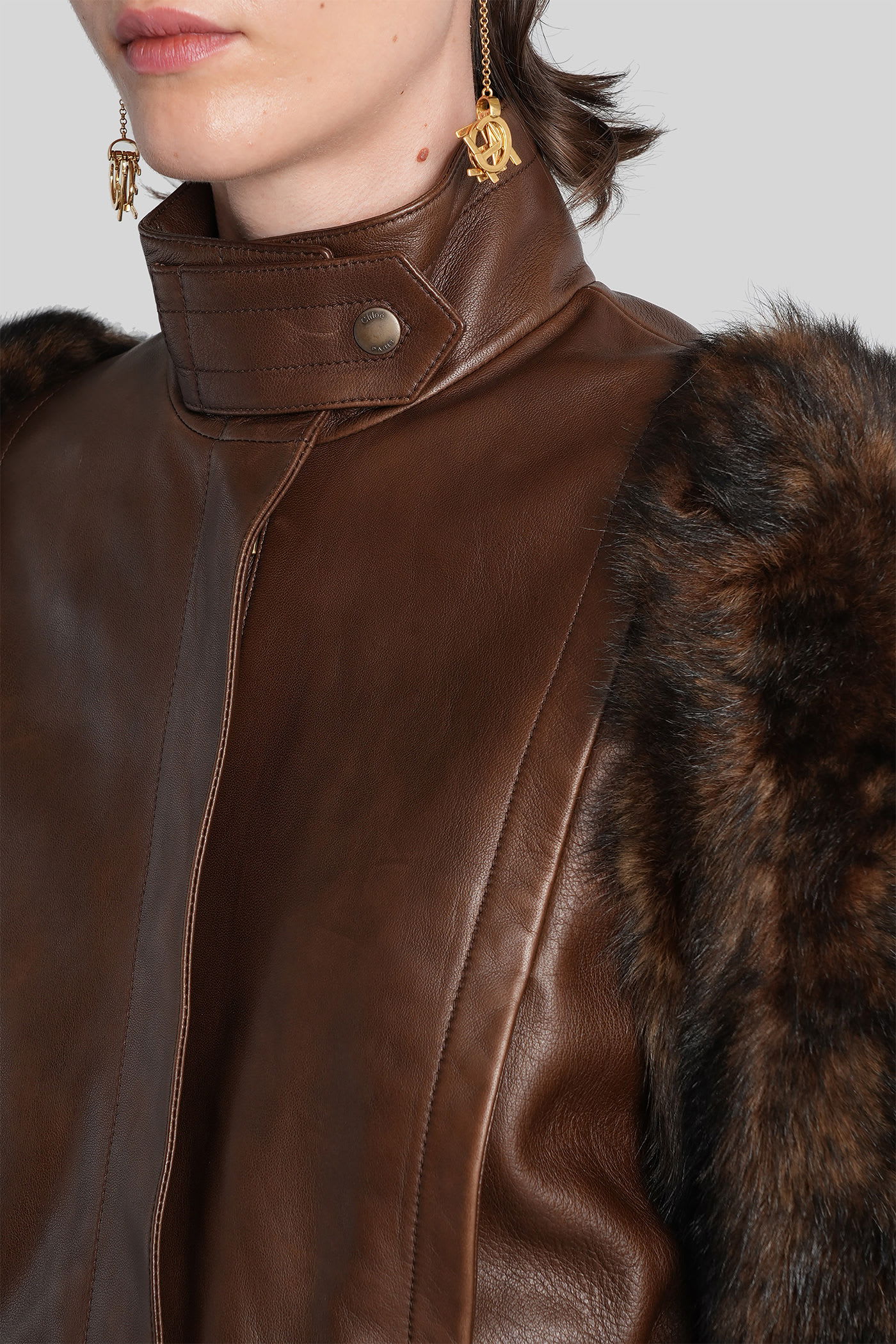 Chloé Leather Jacket With Belted Waist And Fur Sleeves In Brown