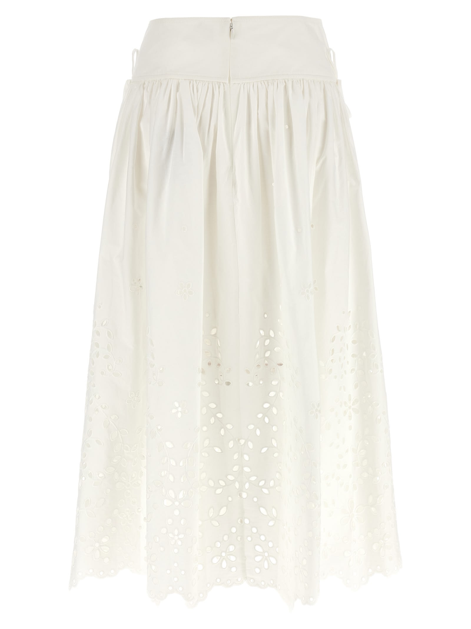 Self-portrait White Midi Skirt With Side Gathered Details And All-over Embroidery In Cotton Woman In White