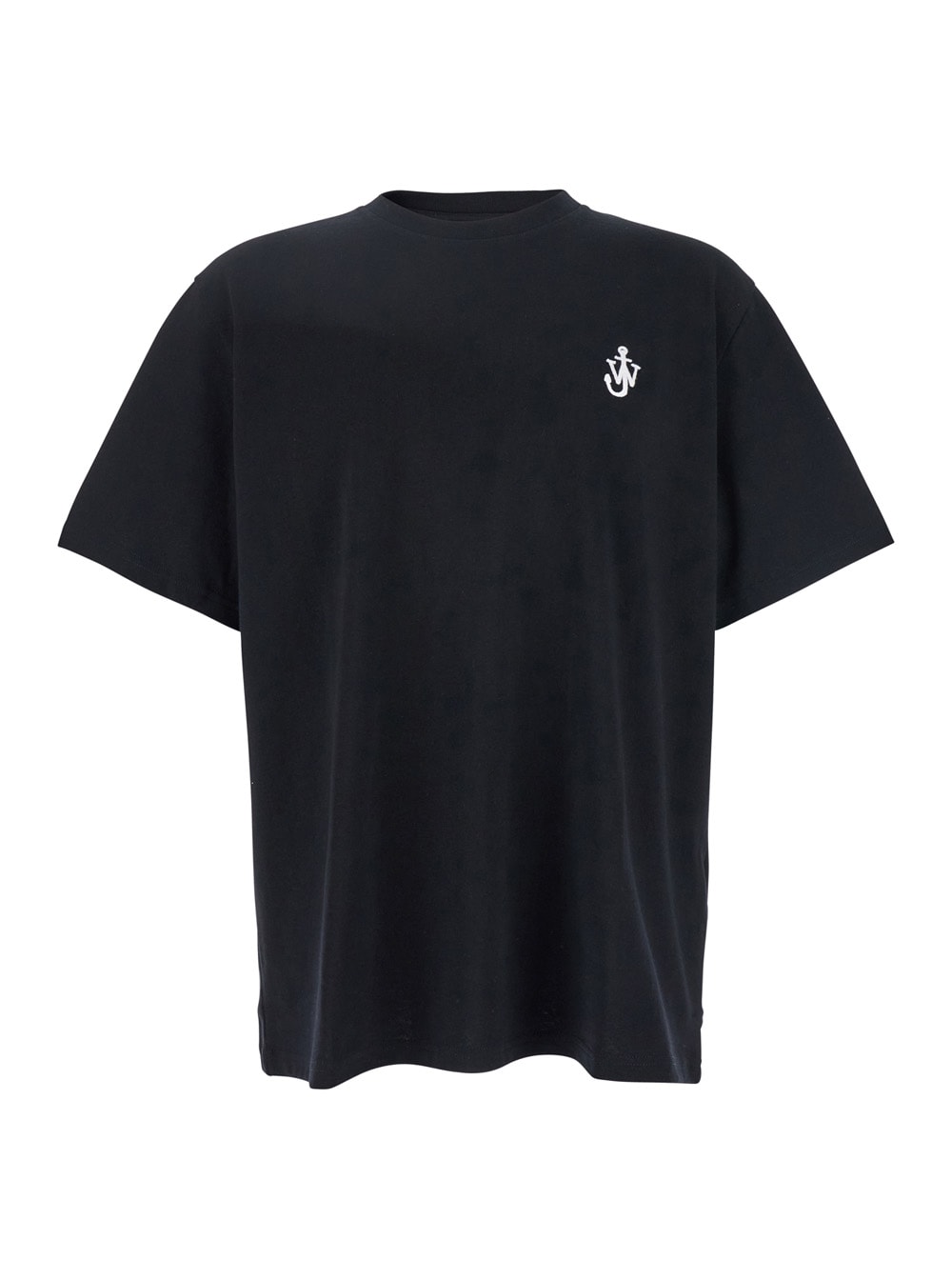 Jw Anderson Black Crewneck T-shirt With Anchor Embroidery On The Front In Cotton Man In Black