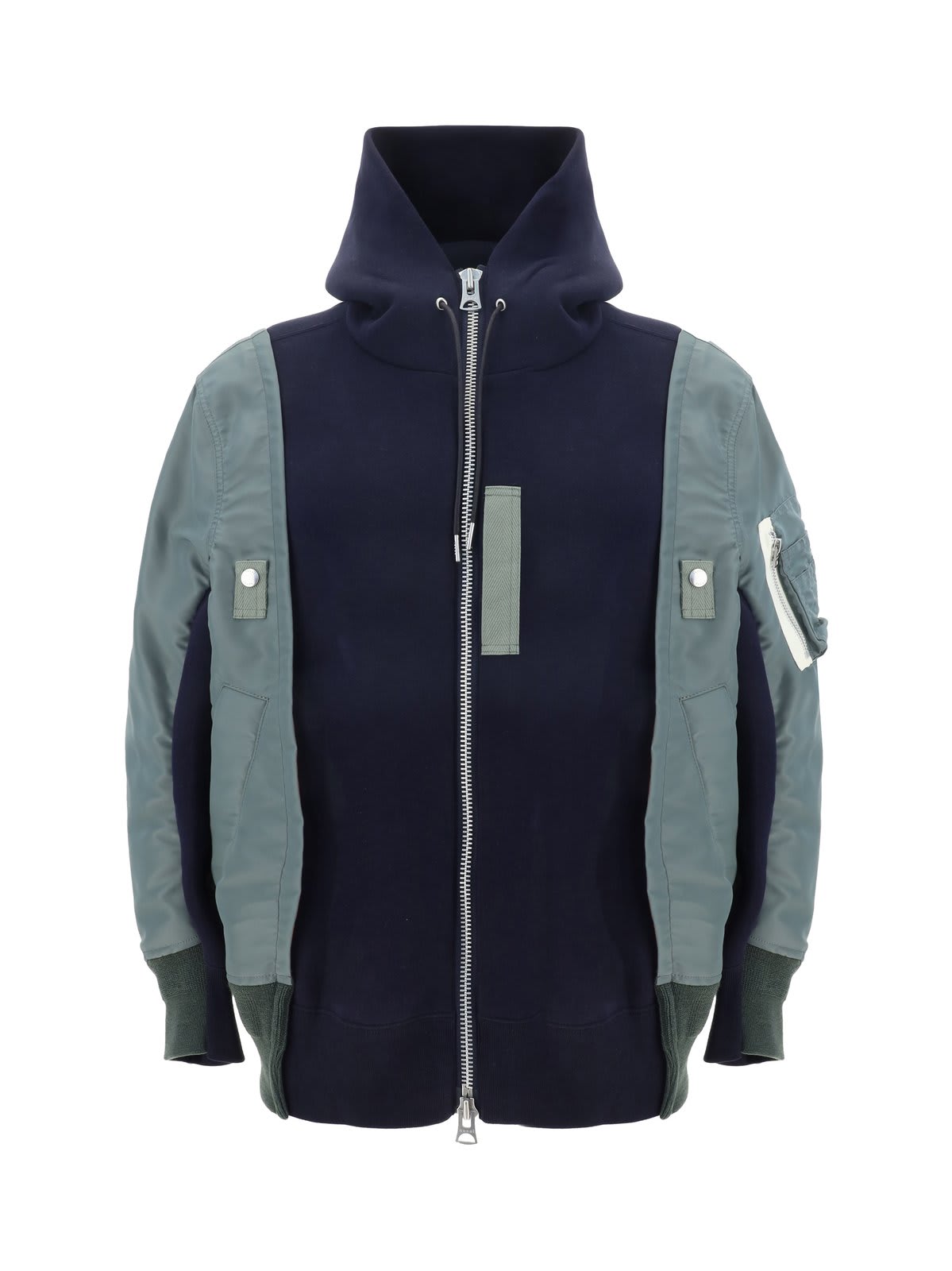 Shop Sacai Panelled Zip-up Drawstring Hoodie In Navy�b/khaki