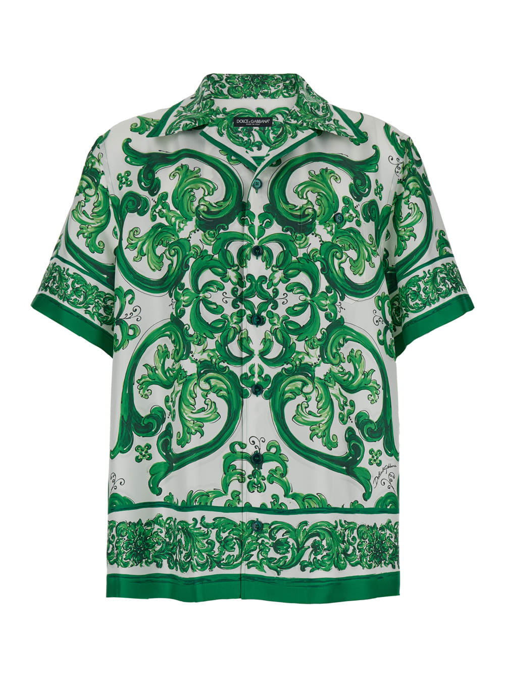 Shop Dolce & Gabbana Palermo Green And White Bowling Shirt With Majolica Print In Silk Man