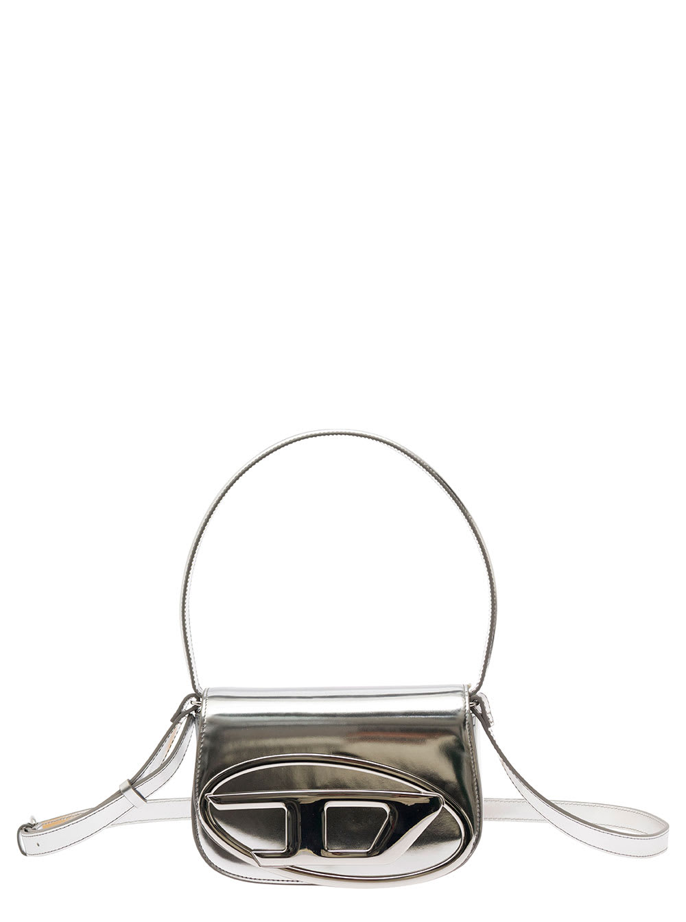 Diesel 1dr Silver-tone Shoulder Bag With Oval D Patch In Lamintaed Leather Woman