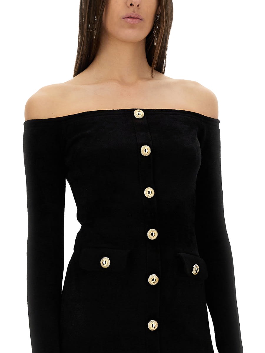 Self-portrait Off-the-shoulder Button-embellished Chenille Midi Dress In Black